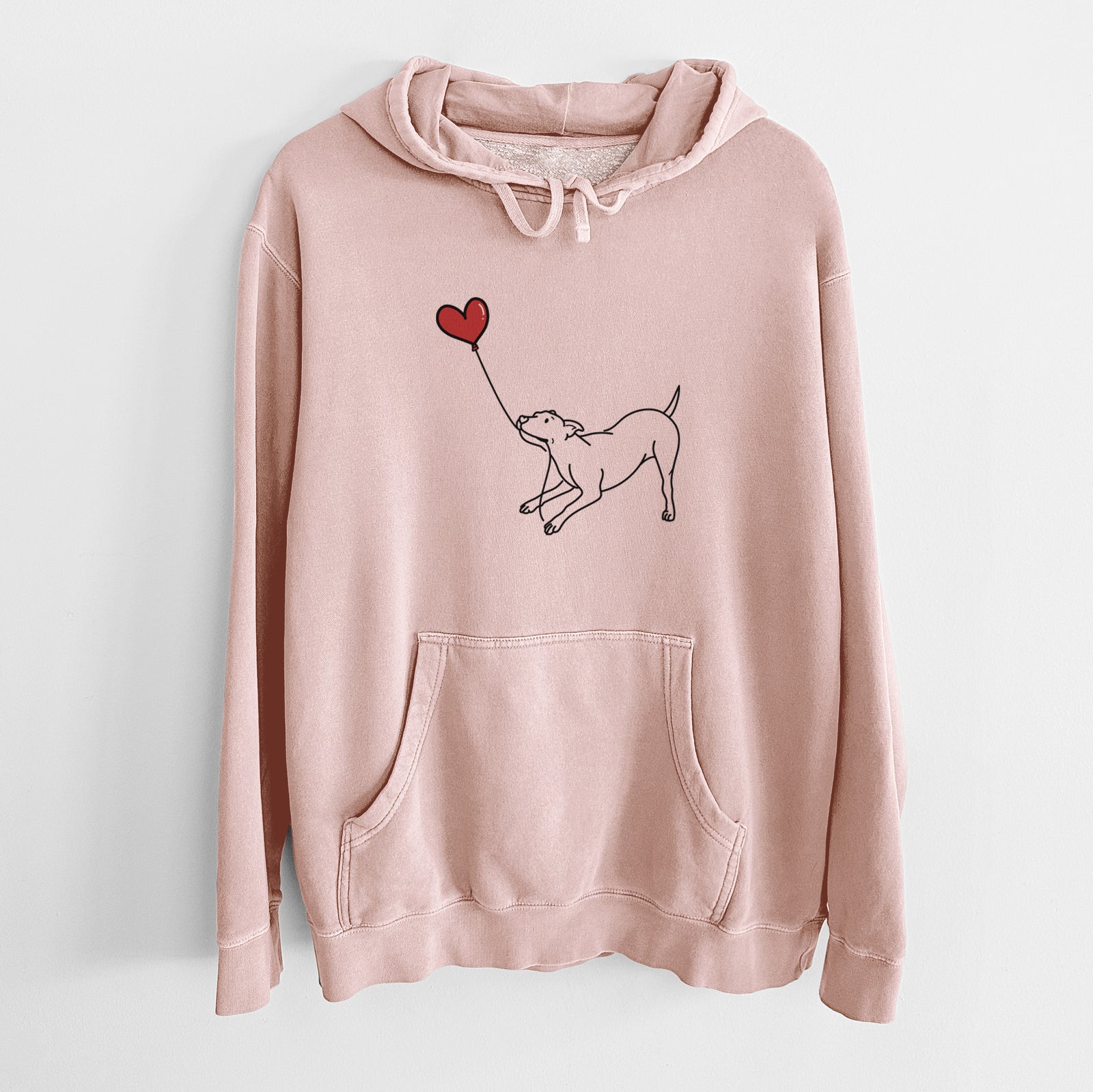 Minimalist line drawing of a Pitbull Mix Heart String holding a heart balloon on a Dusty Pink Unisex pigment dyed hoodie