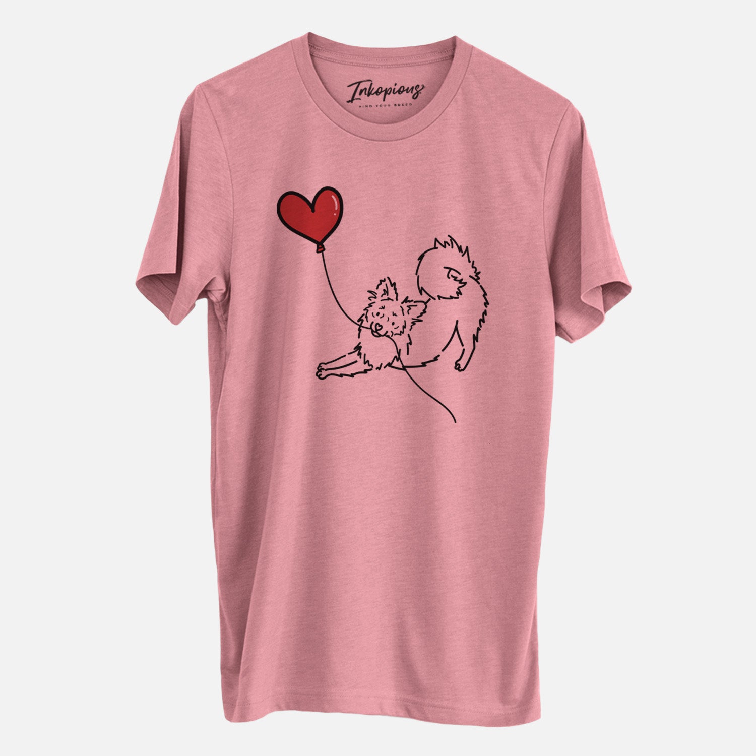 Minimalist line drawing of a Pomchi Heart String- Unisex Crewneck holding a heart balloon on a Mauve Unisex crewneck, worn by a man