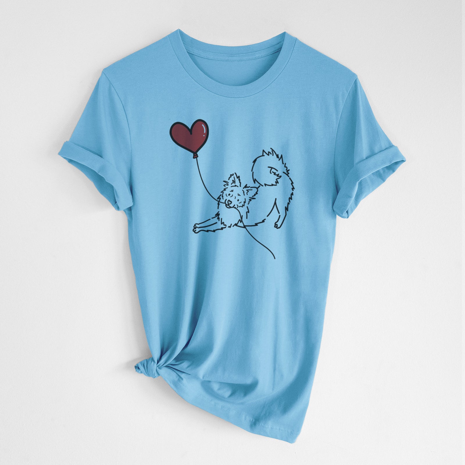 Minimalist line drawing of a Pomchi Heart String- Unisex Crewneck holding a heart balloon on an Ocean Blue Unisex crewneck, worn by a woman