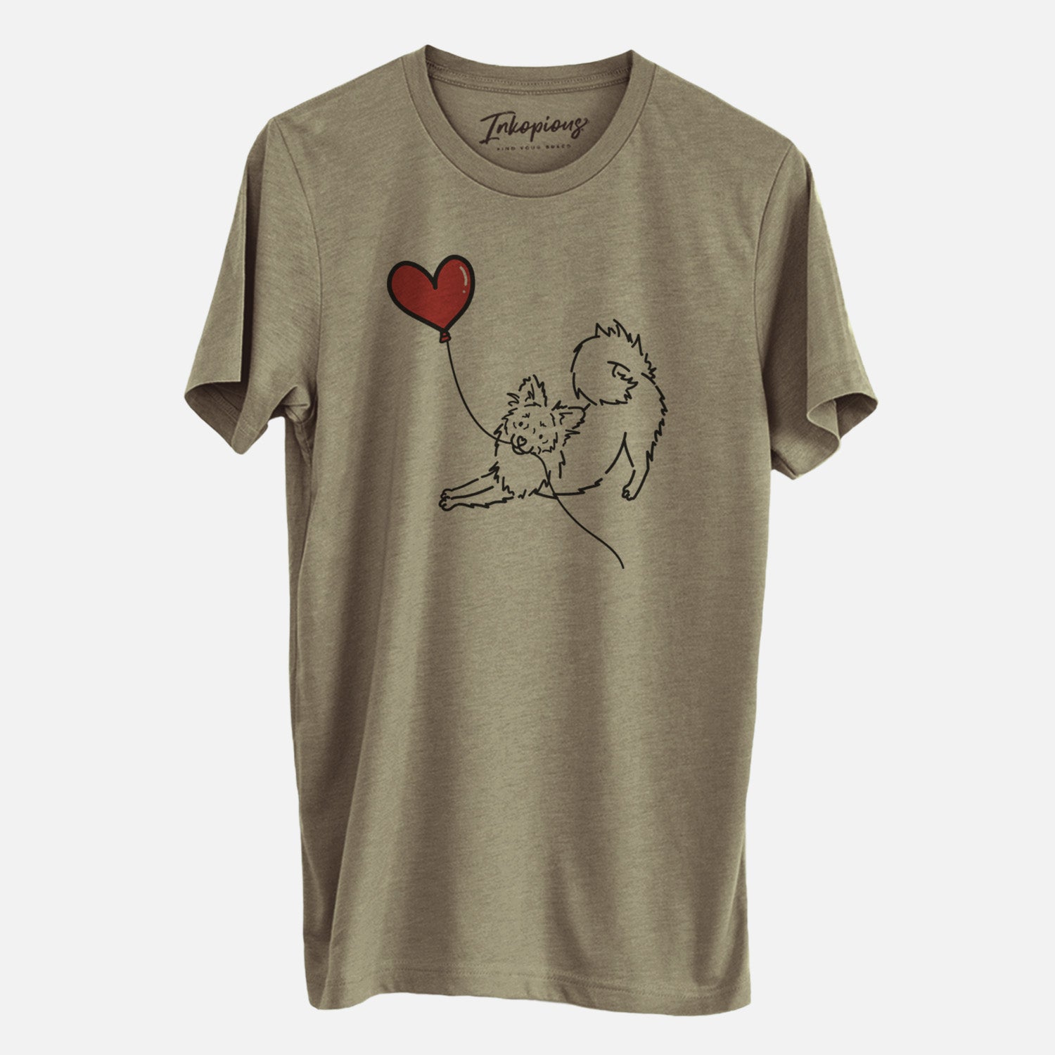 Minimalist line drawing of a Pomchi Heart String- Unisex Crewneck holding a heart balloon on an Olive Unisex crewneck, worn by a man