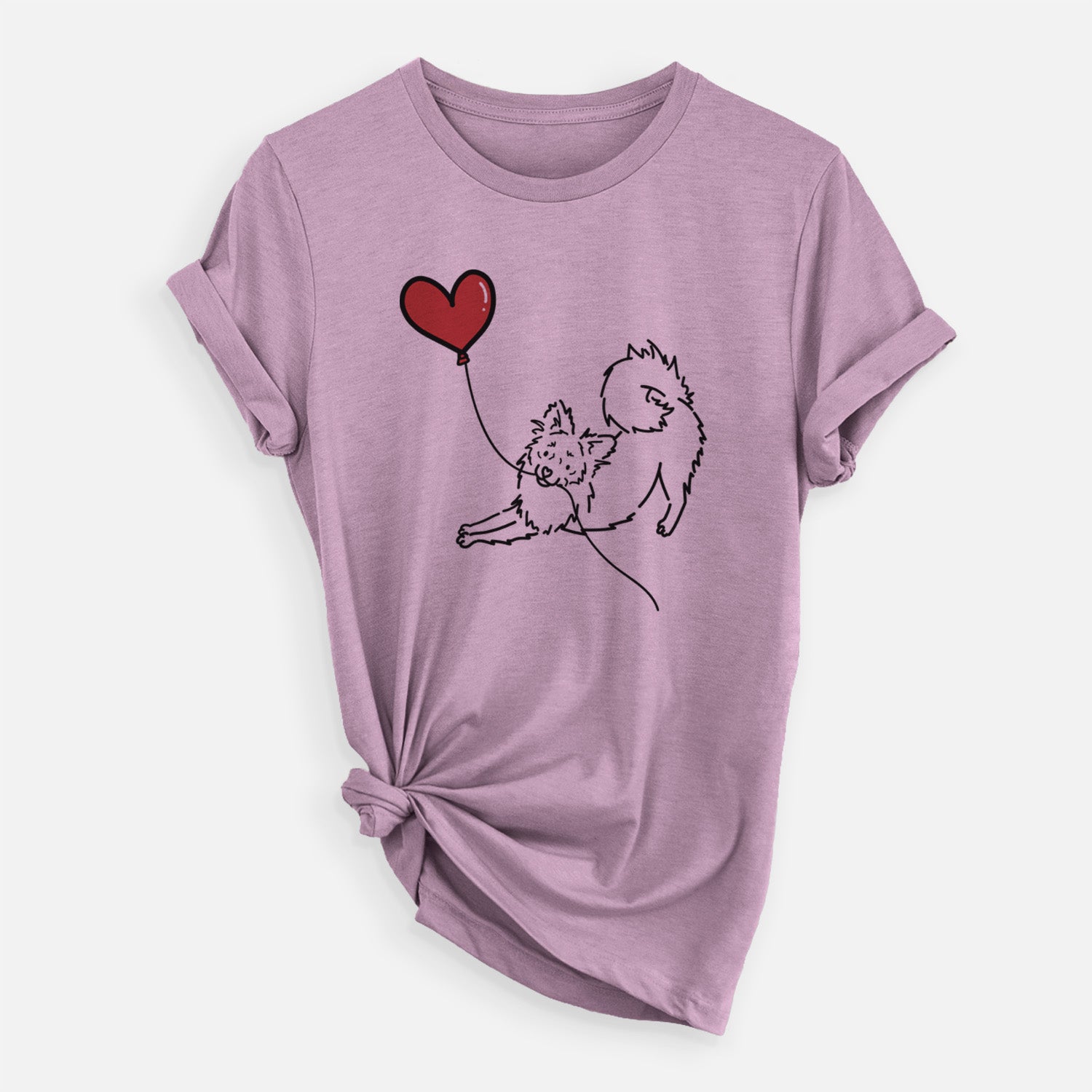 Minimalist line drawing of a Pomchi Heart String- Unisex Crewneck holding a heart balloon on an Orchid Unisex crewneck, worn by a woman