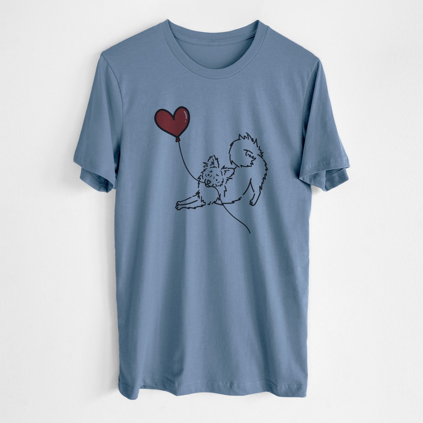 Minimalist line drawing of a Pomchi Heart String- Unisex Crewneck holding a heart balloon on a Steel Blue Unisex crewneck, worn by a man