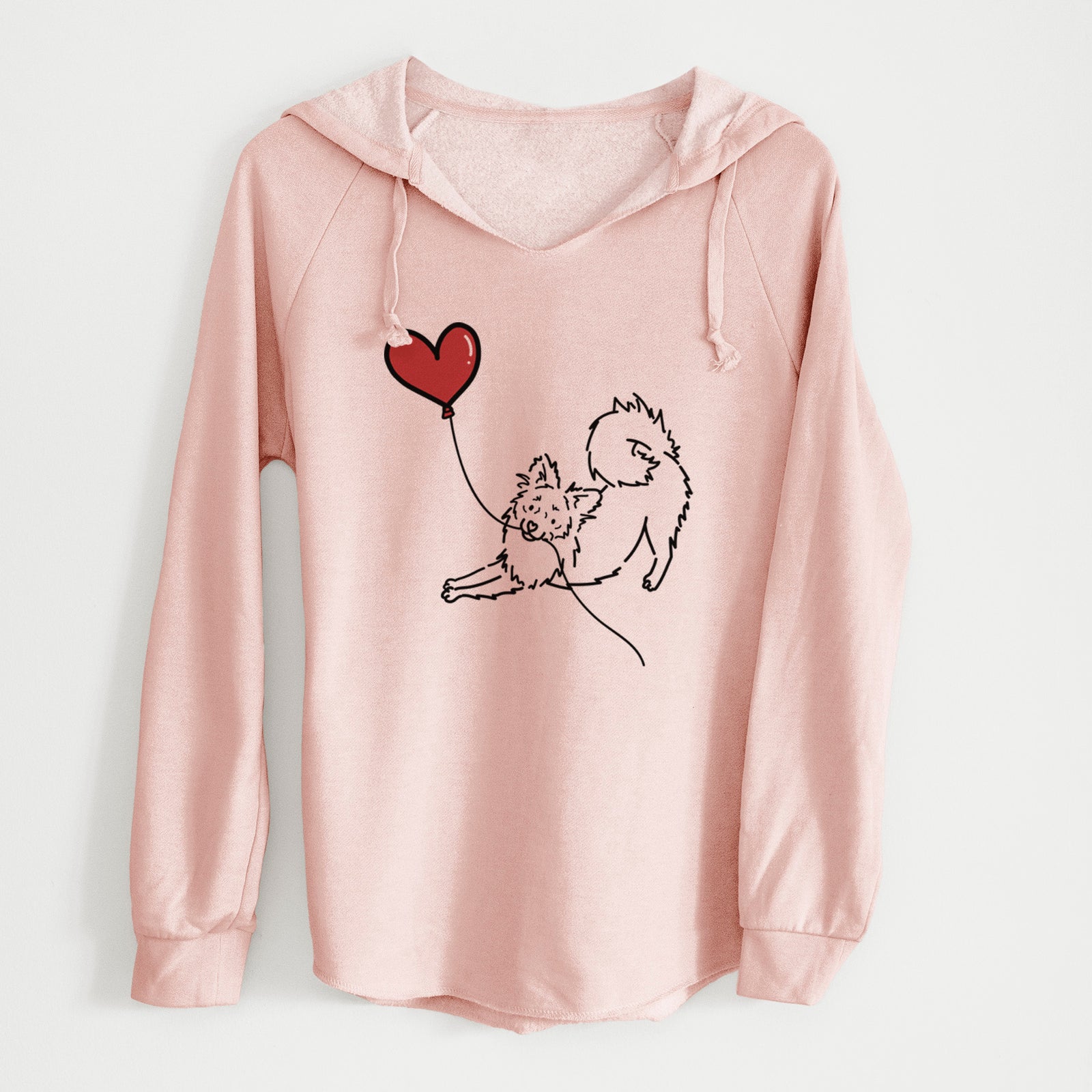 Minimalist line drawing of a Pomchi Heart String holding a heart balloon on a Blush Cali Wave Hooded Sweatshirt
