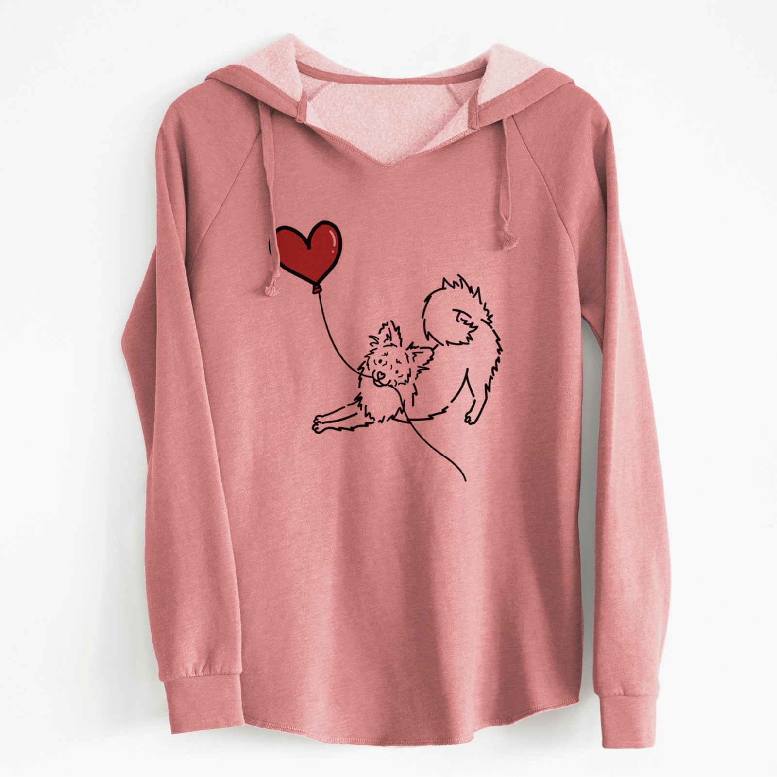 Minimalist line drawing of a Pomchi Heart String holding a heart balloon on a Dusty Rose Cali Wave Hooded Sweatshirt