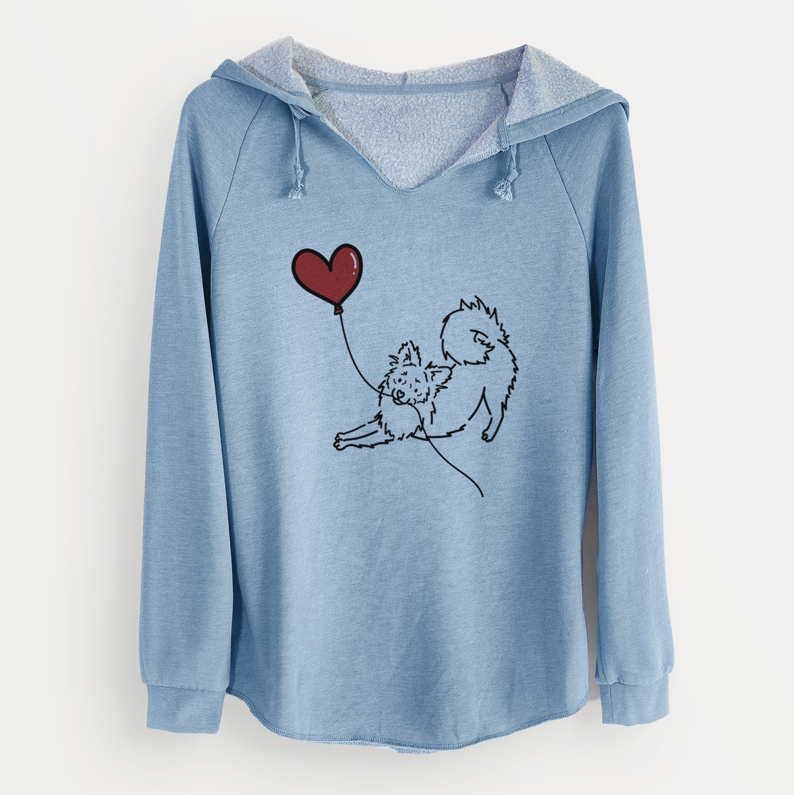 Minimalist line drawing of a Pomchi Heart String holding a heart balloon on a Misty Blue Cali Wave Hooded Sweatshirt