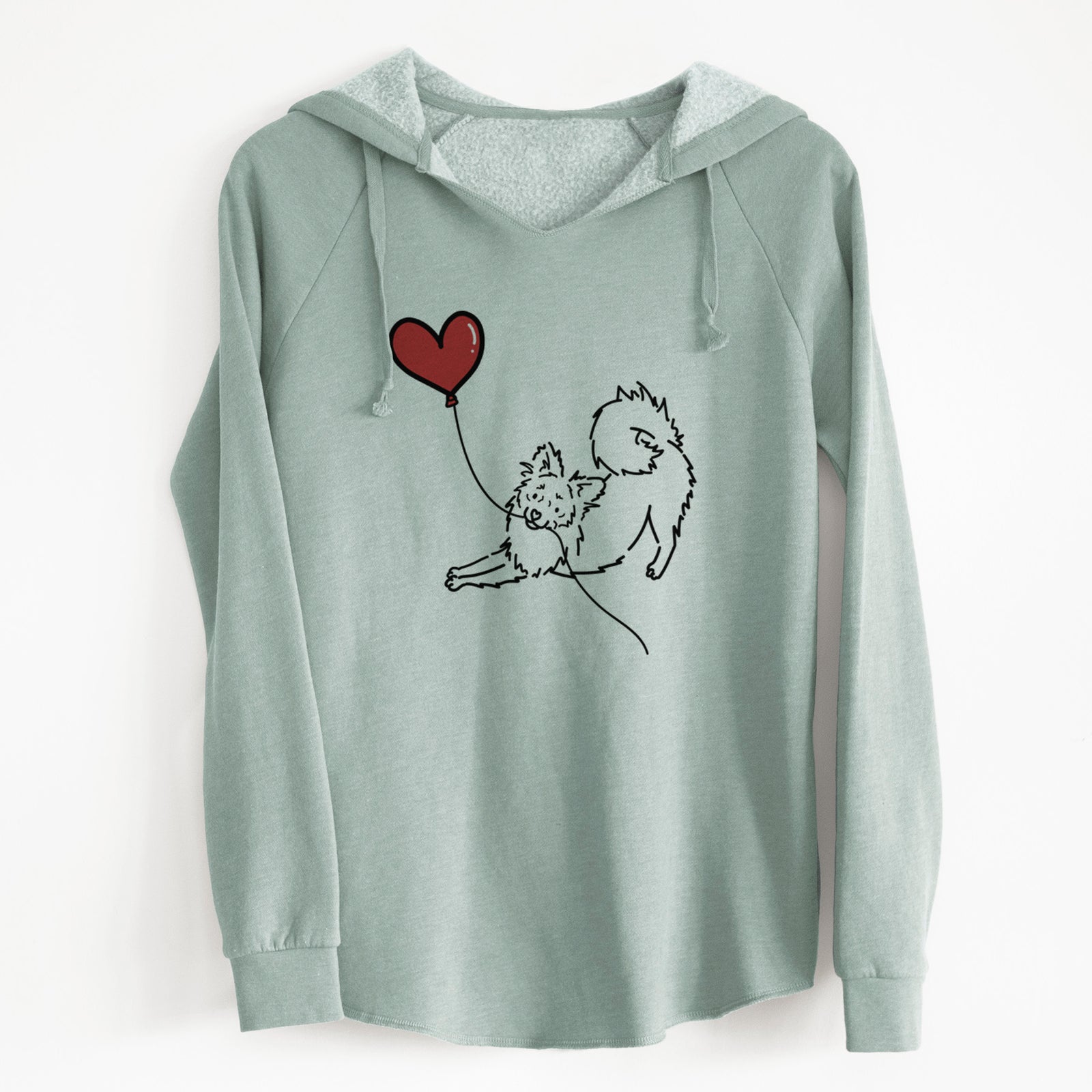 Minimalist line drawing of a Pomchi Heart String holding a heart balloon on a Sage Cali Wave Hooded Sweatshirt