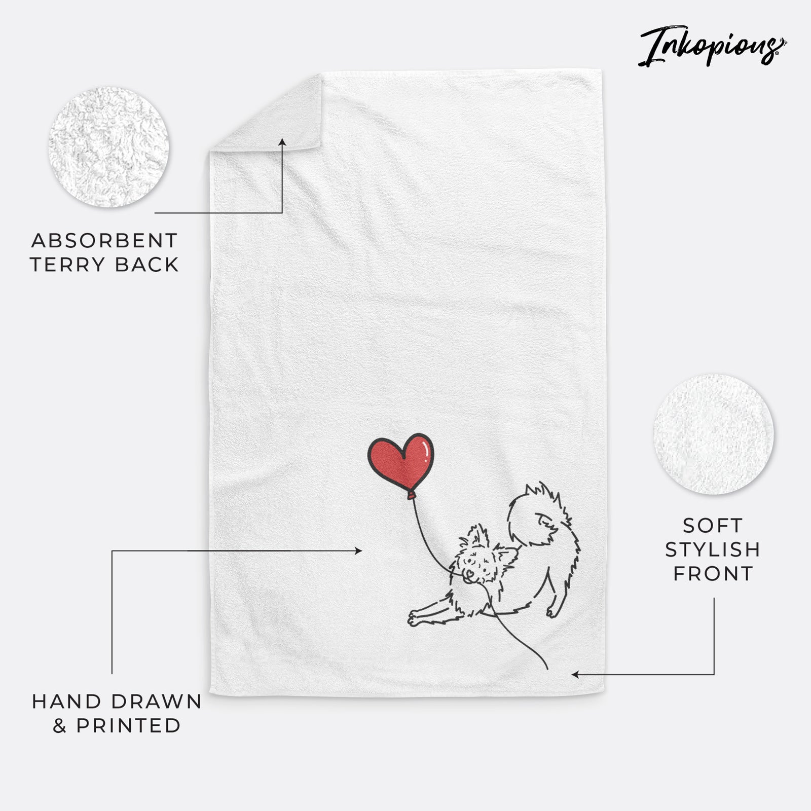 Minimalist line drawing of a Pomchi Heart String holding a heart balloon on a hand towel