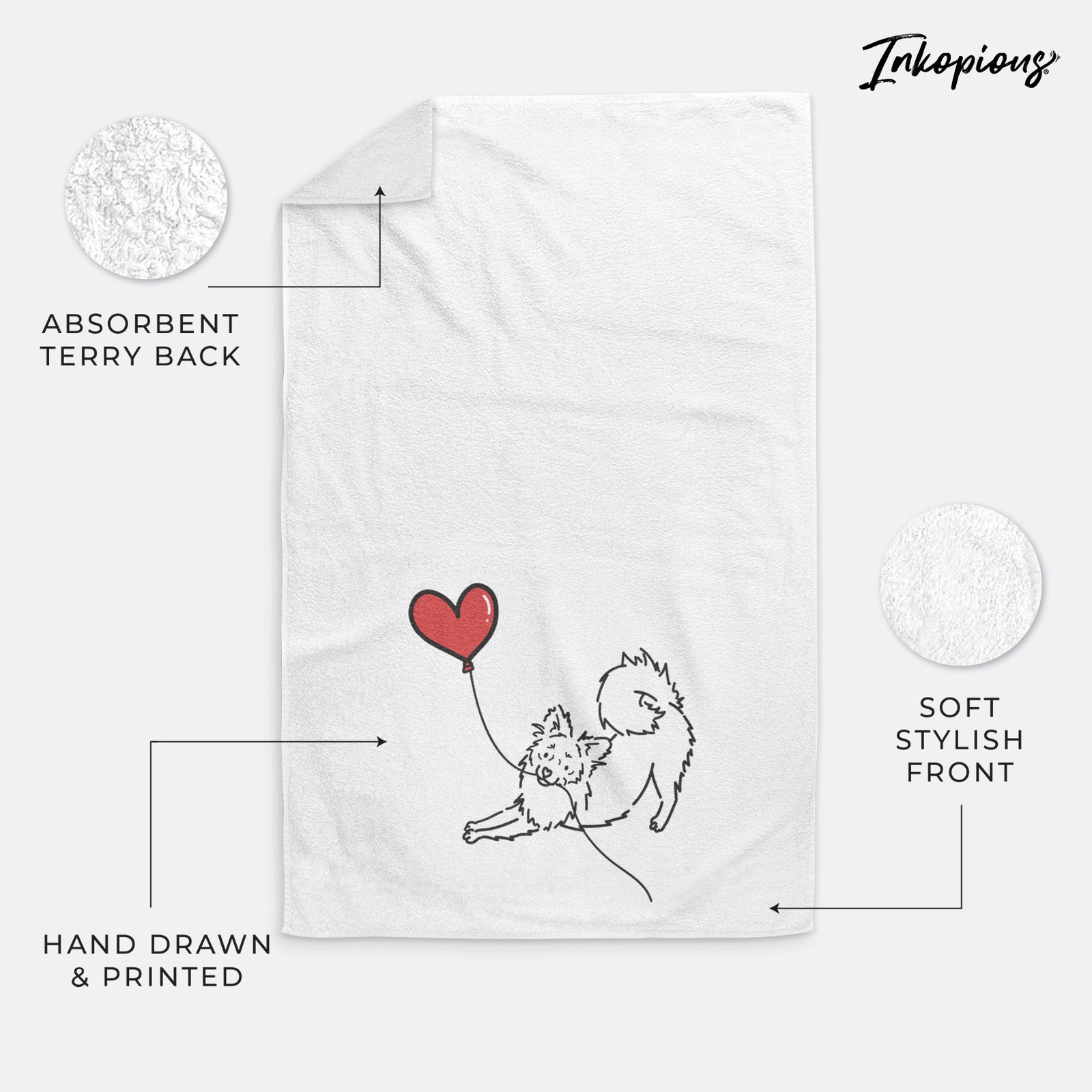 Minimalist line drawing of a Pomchi Heart String holding a heart balloon on a hand towel