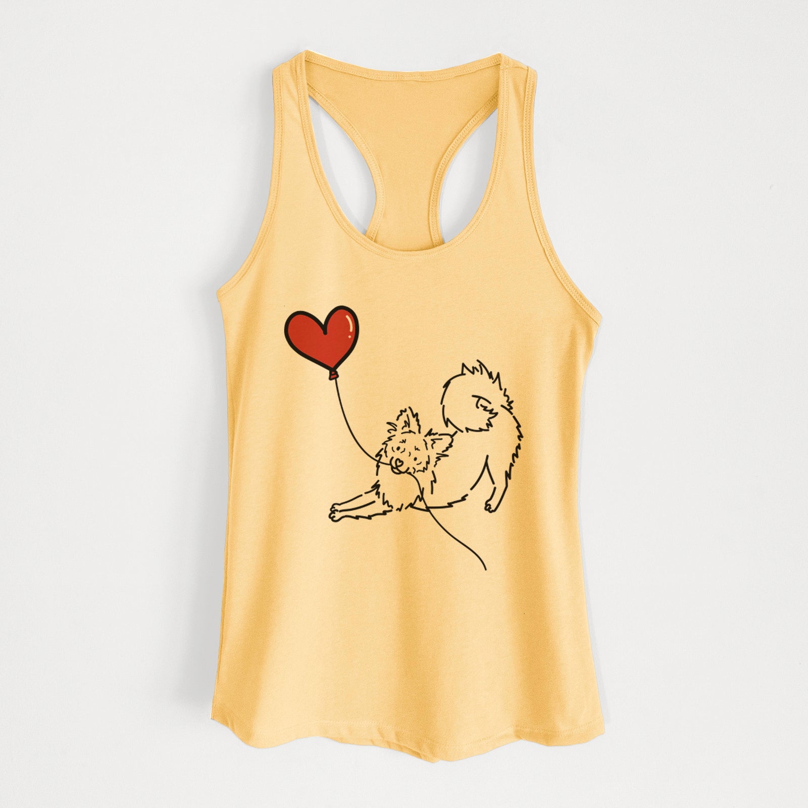 Minimalist line drawing of a Pomchi Heart String holding a heart balloon on a Banana Cream Women's racerback tanktop