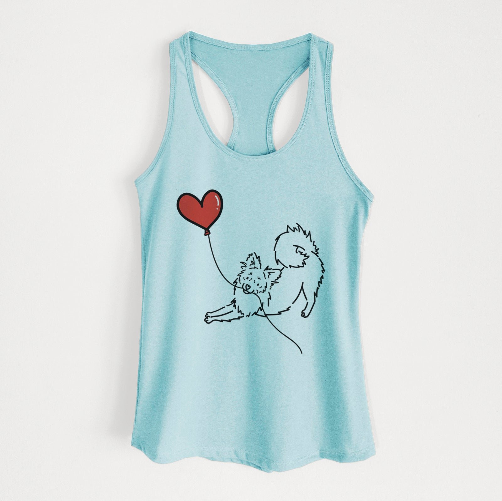 Minimalist line drawing of a Pomchi Heart String holding a heart balloon on a Cancun Blue Women's racerback tanktop