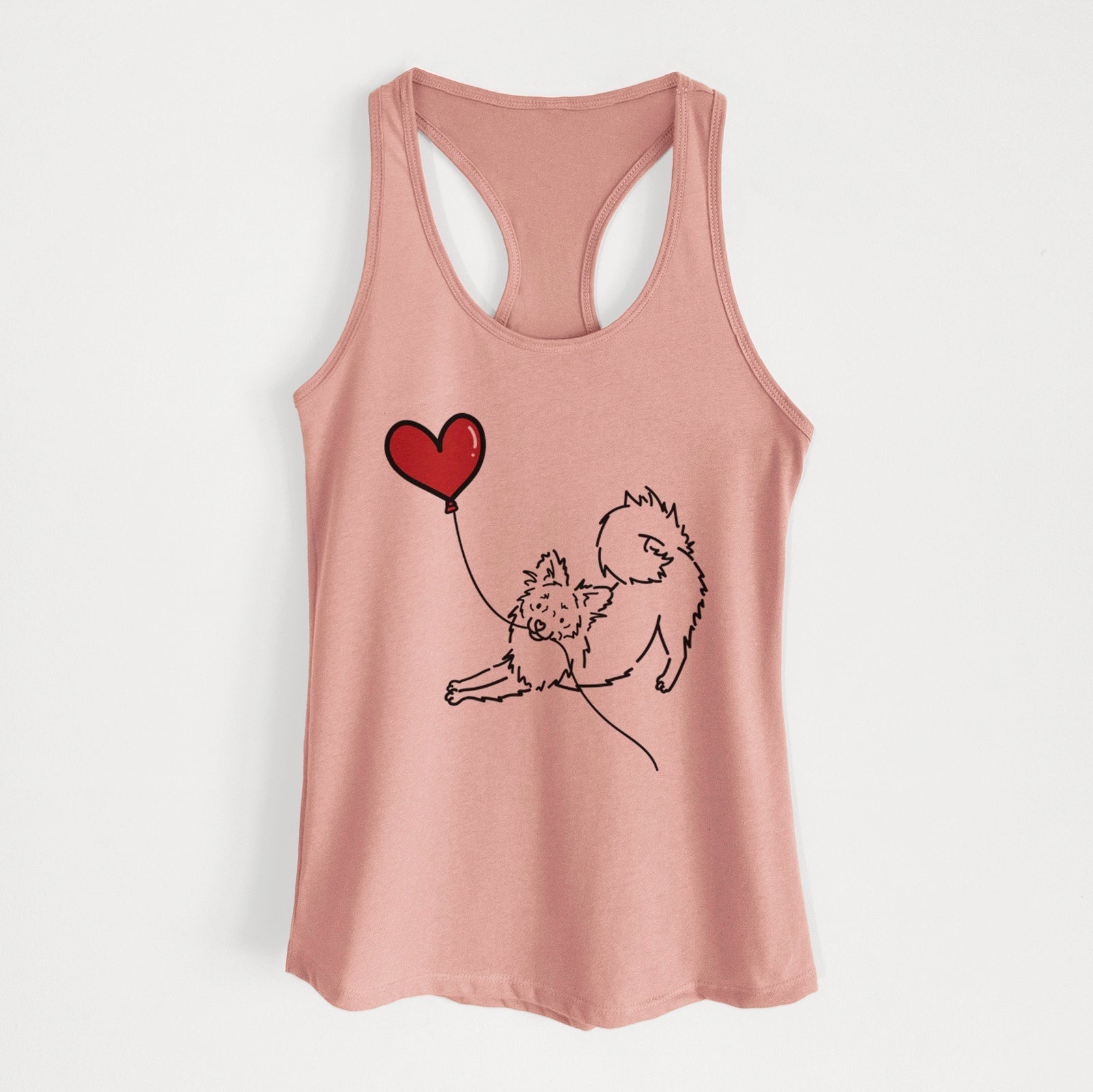 Minimalist line drawing of a Pomchi Heart String holding a heart balloon on a Desert Pink Women's racerback tanktop