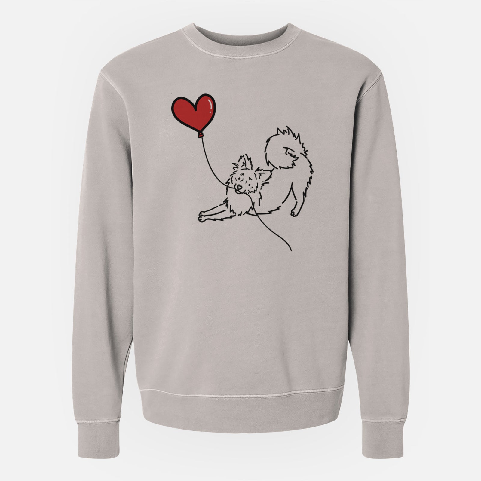 Minimalist line drawing of a Pomchi Heart String holding a heart balloon on a Cement Unisex pigment dyed crew sweatshirt
