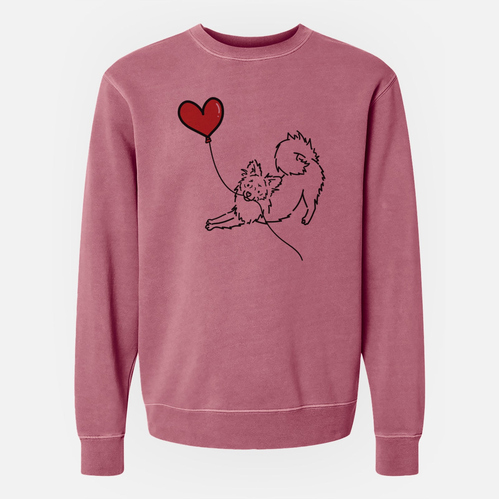 Minimalist line drawing of a Pomchi Heart String holding a heart balloon on a Maroon Unisex pigment dyed crew sweatshirt