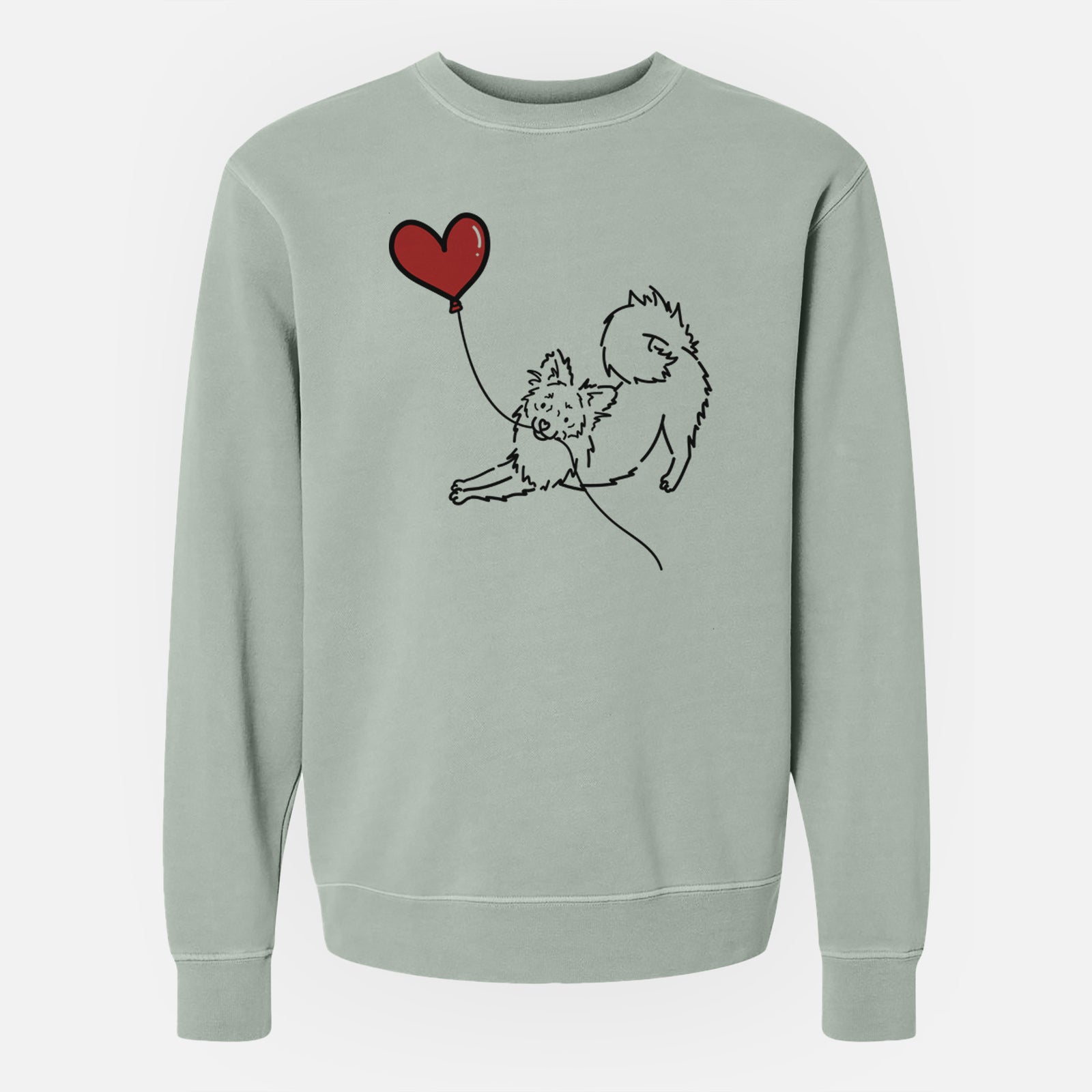 Minimalist line drawing of a Pomchi Heart String holding a heart balloon on a Sage Unisex pigment dyed crew sweatshirt
