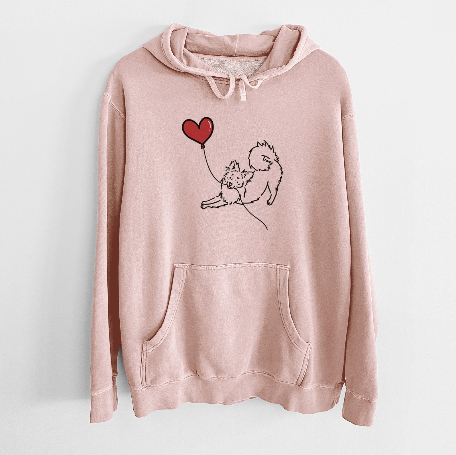 Minimalist line drawing of a Pomchi Heart String holding a heart balloon on a Dusty Pink Unisex pigment dyed hoodie