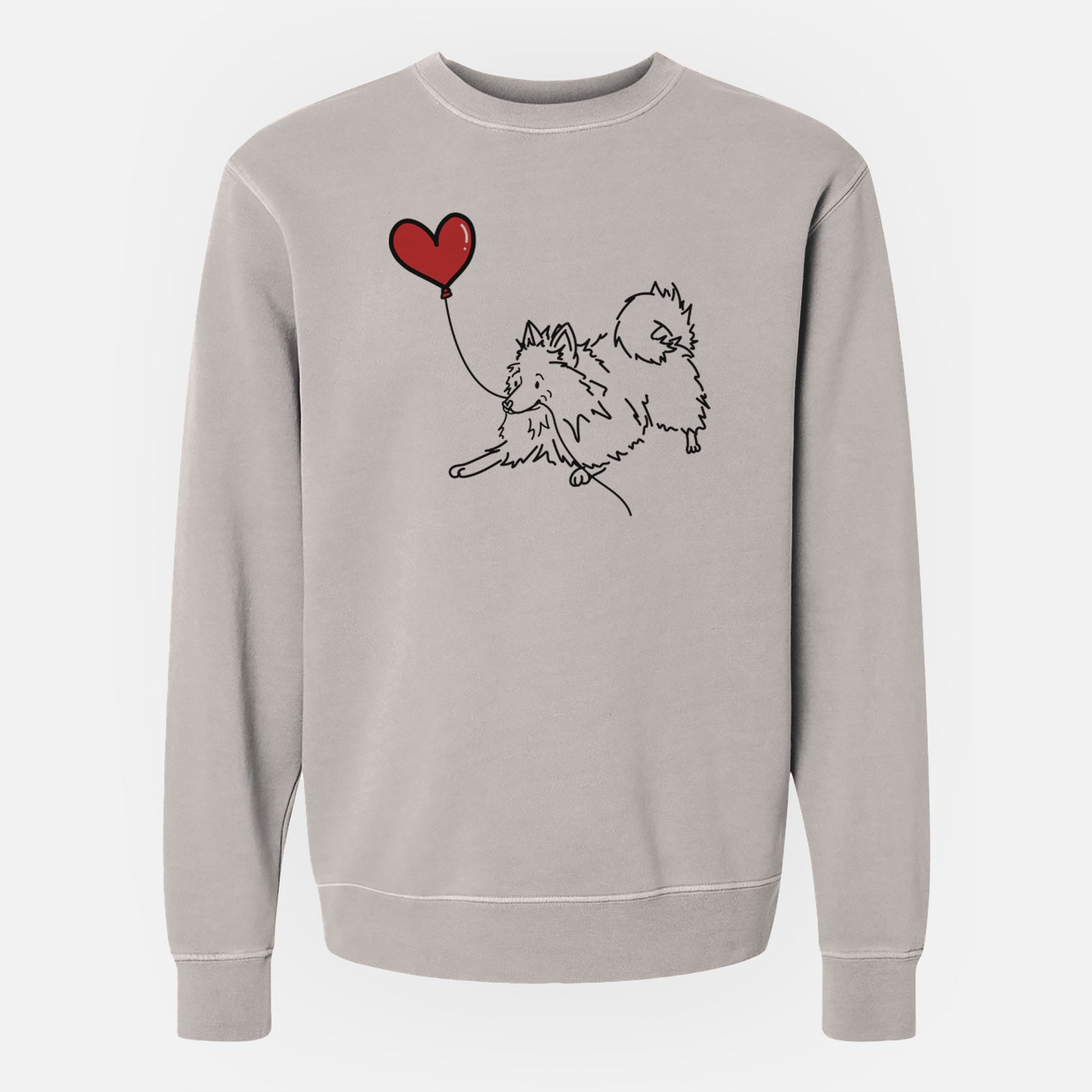 Minimalist line drawing of a Pomeranian Heart String holding a heart balloon on a Cement Unisex pigment dyed crew sweatshirt