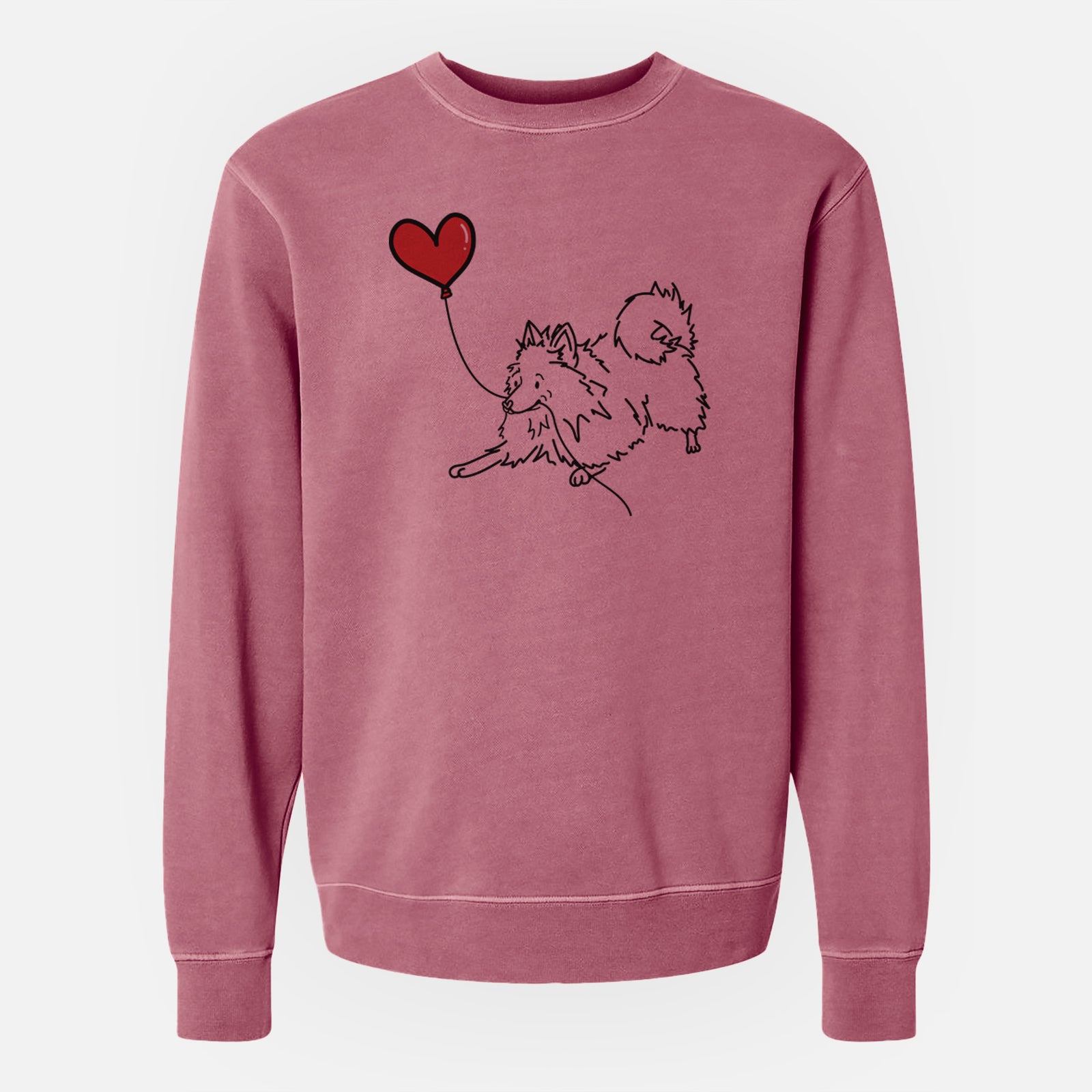 Minimalist line drawing of a Pomeranian Heart String holding a heart balloon on a Maroon Unisex pigment dyed crew sweatshirt