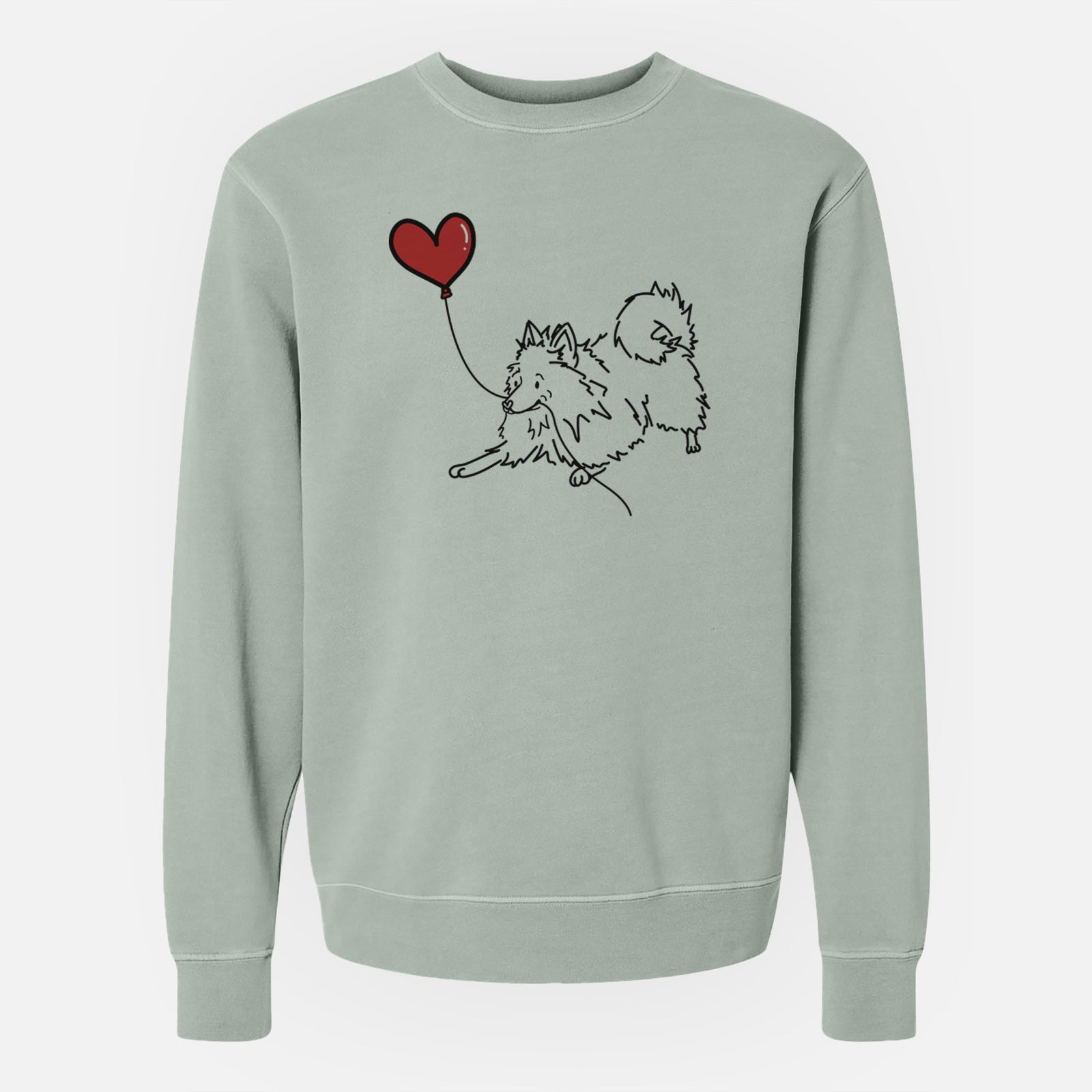 Minimalist line drawing of a Pomeranian Heart String holding a heart balloon on a Sage Unisex pigment dyed crew sweatshirt