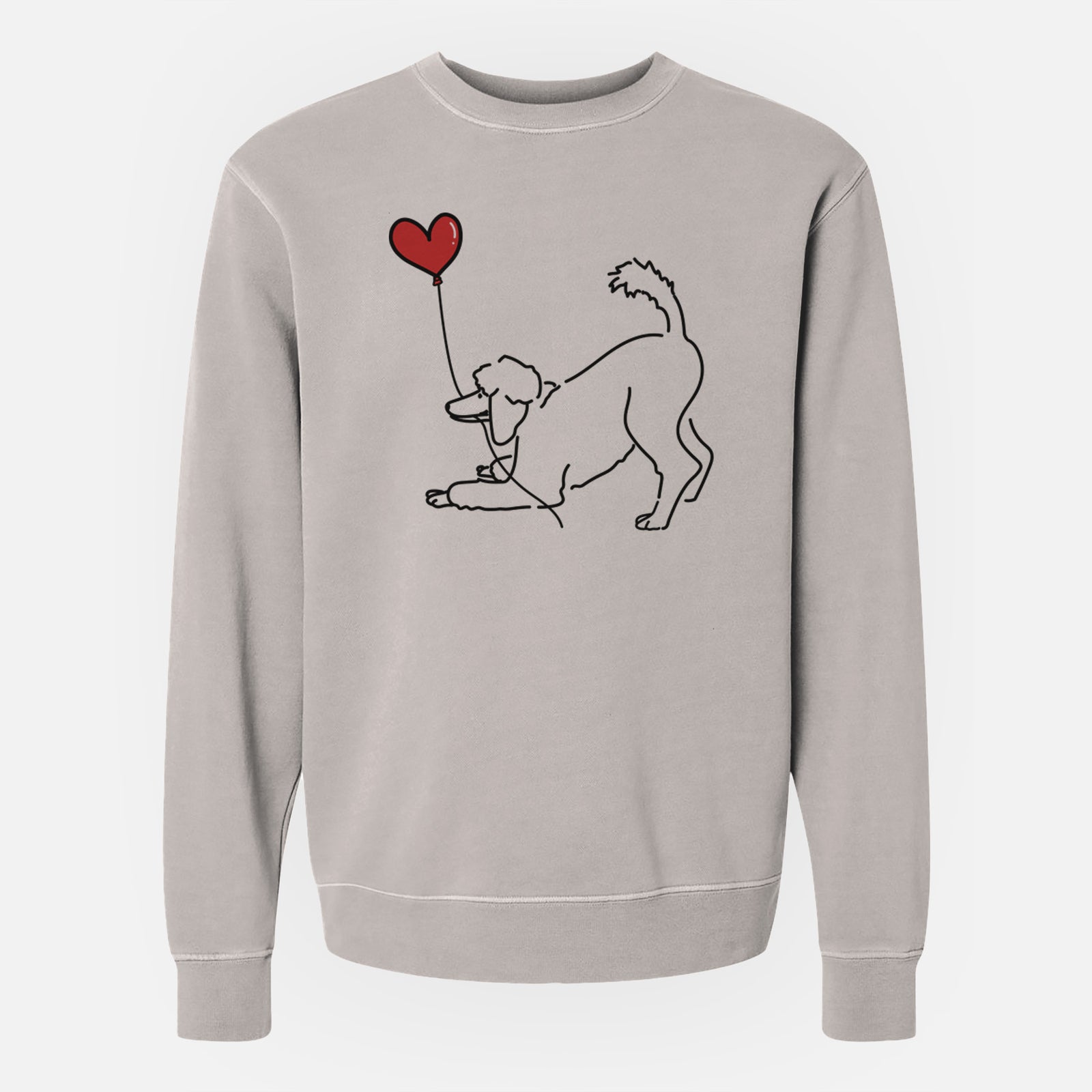 Minimalist line drawing of a Standard Poodle Heart String holding a heart balloon on a Cement Unisex pigment dyed crew sweatshirt
