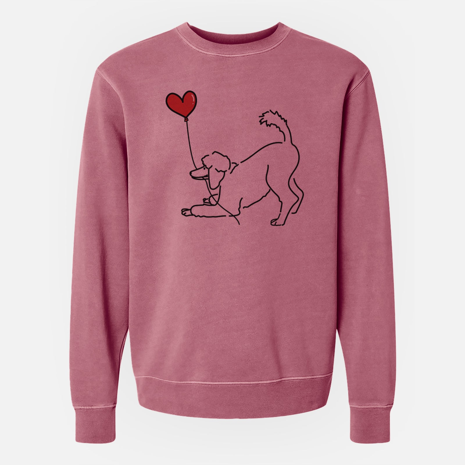 Minimalist line drawing of a Standard Poodle Heart String holding a heart balloon on a Maroon Unisex pigment dyed crew sweatshirt