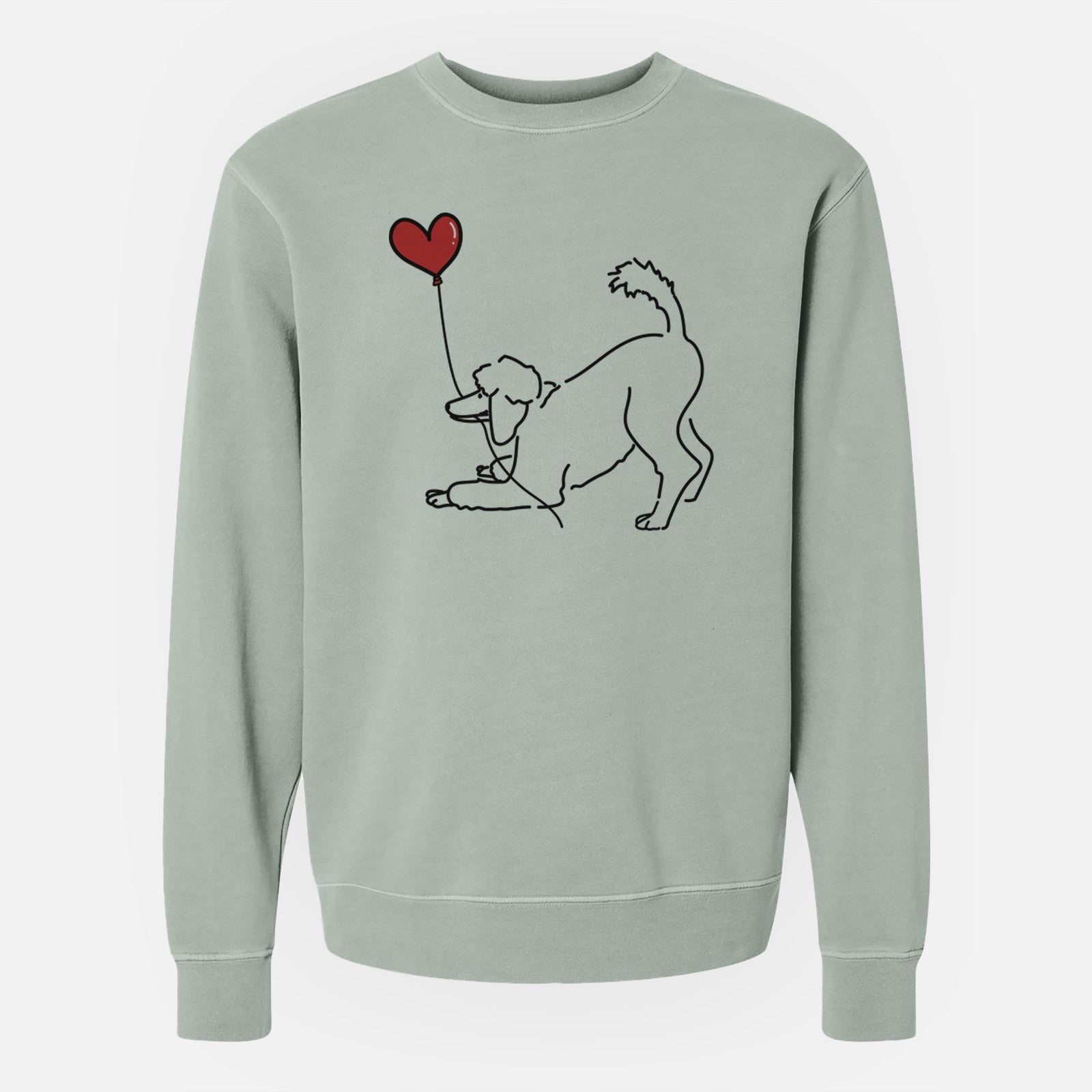Minimalist line drawing of a Standard Poodle Heart String holding a heart balloon on a Sage Unisex pigment dyed crew sweatshirt