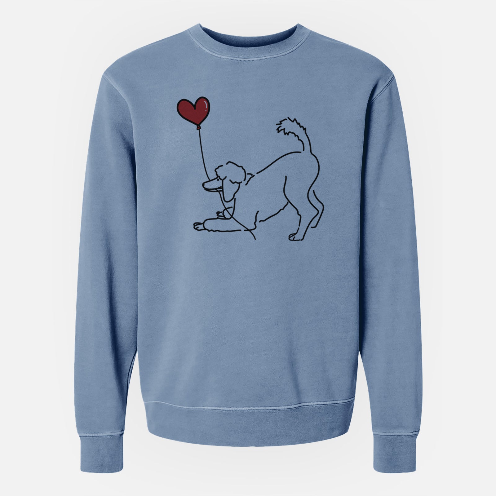 Minimalist line drawing of a Standard Poodle Heart String holding a heart balloon on a Slate Blue Unisex pigment dyed crew sweatshirt