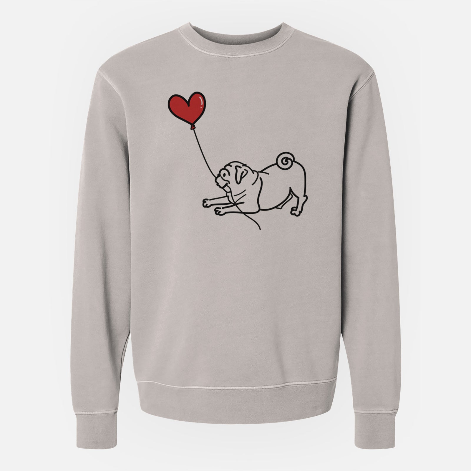 Minimalist line drawing of a Pug Heart String holding a heart balloon on a Cement Unisex pigment dyed crew sweatshirt