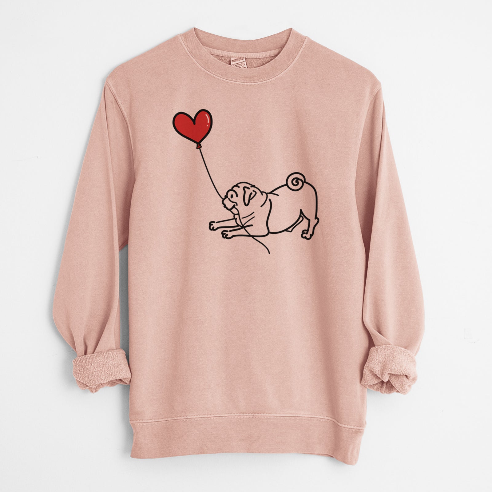 Minimalist line drawing of a Pug Heart String holding a heart balloon on a Dusty Pink Unisex pigment dyed crew sweatshirt