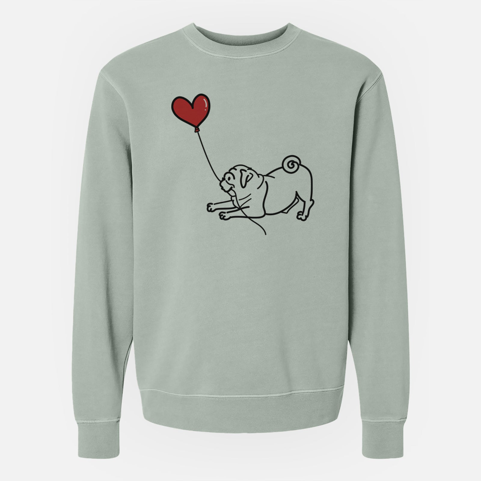 Minimalist line drawing of a Pug Heart String holding a heart balloon on a Sage Unisex pigment dyed crew sweatshirt