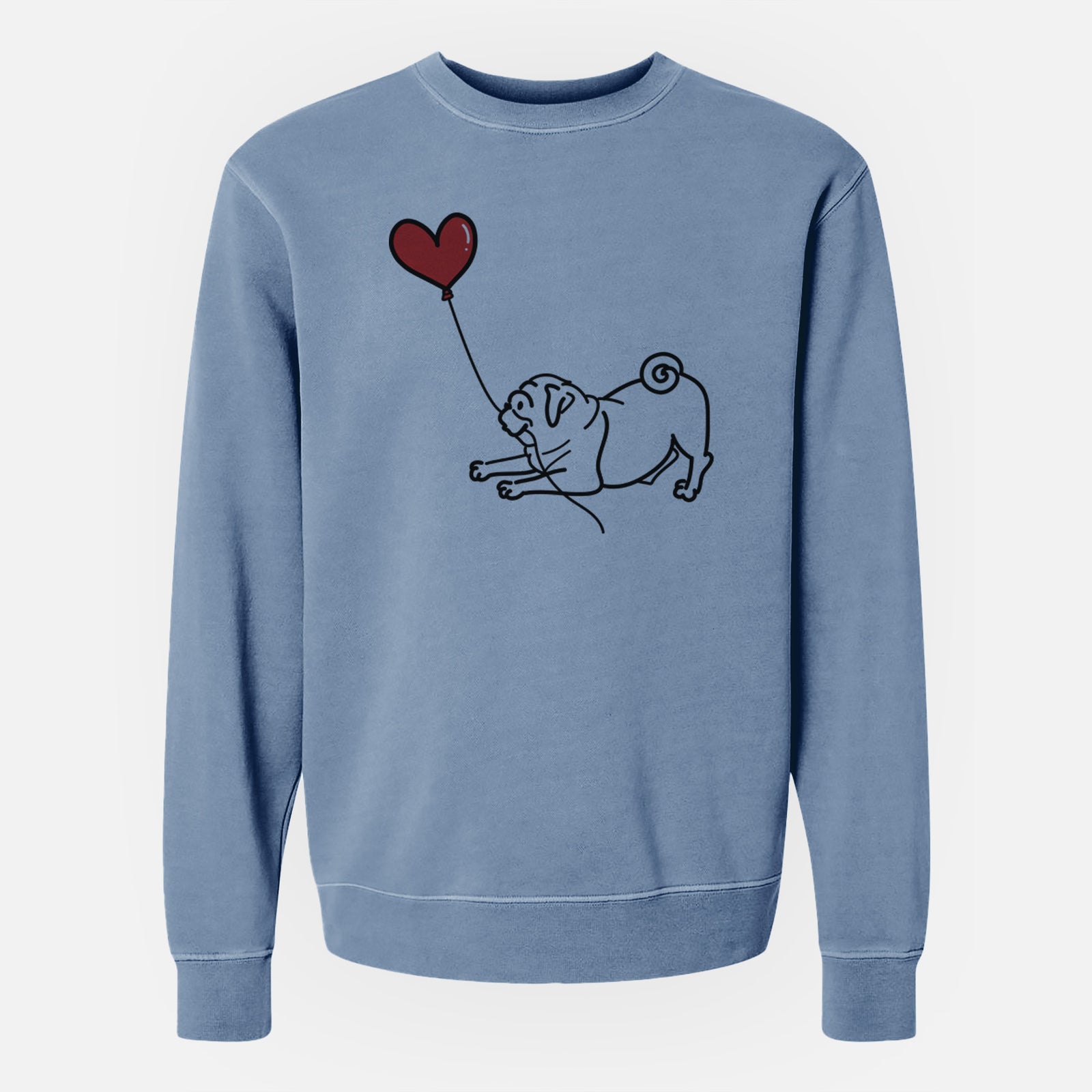 Minimalist line drawing of a Pug Heart String holding a heart balloon on a Slate Blue Unisex pigment dyed crew sweatshirt