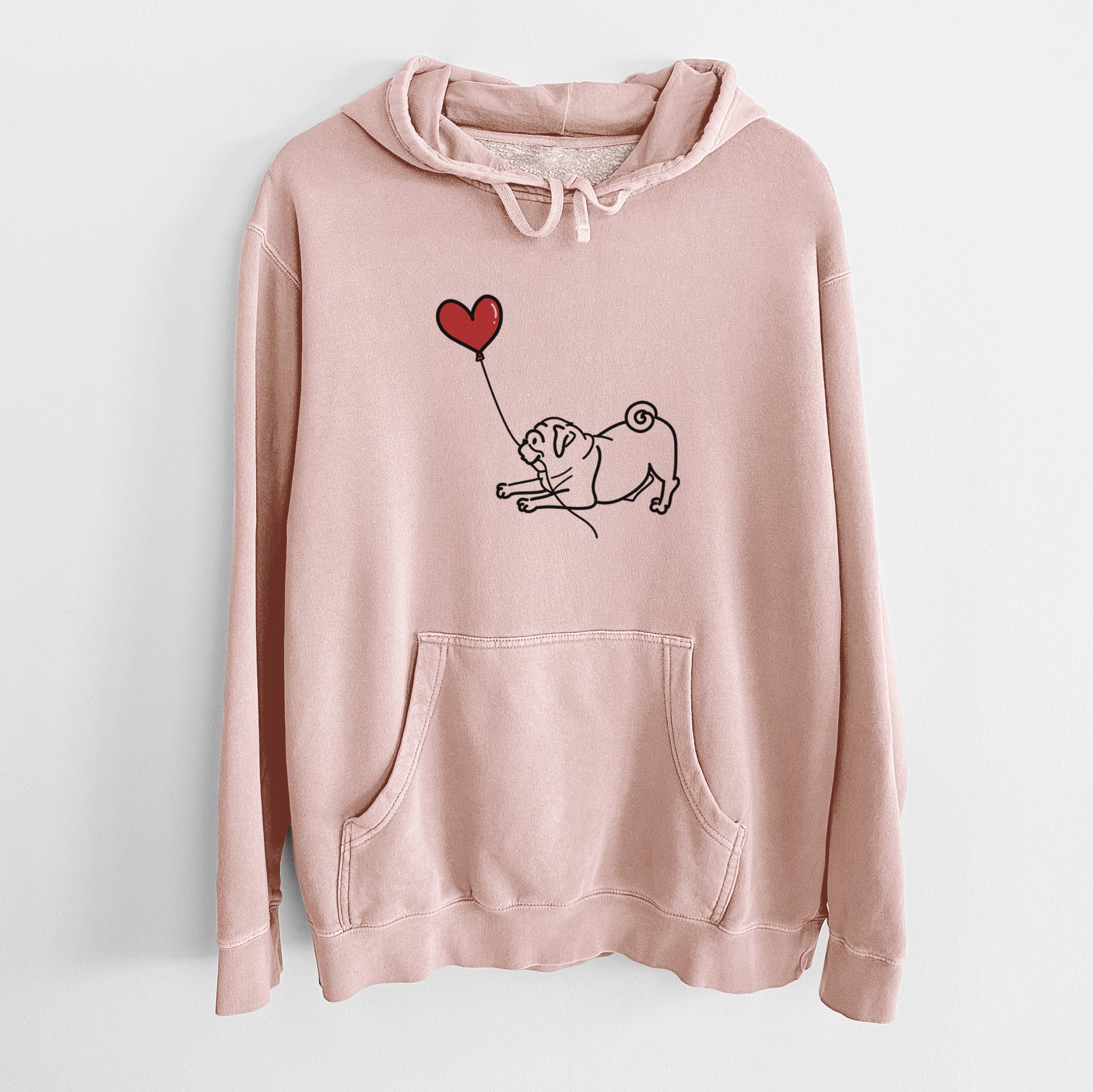 Minimalist line drawing of a Pug Heart String holding a heart balloon on a Dusty Pink Unisex pigment dyed hoodie