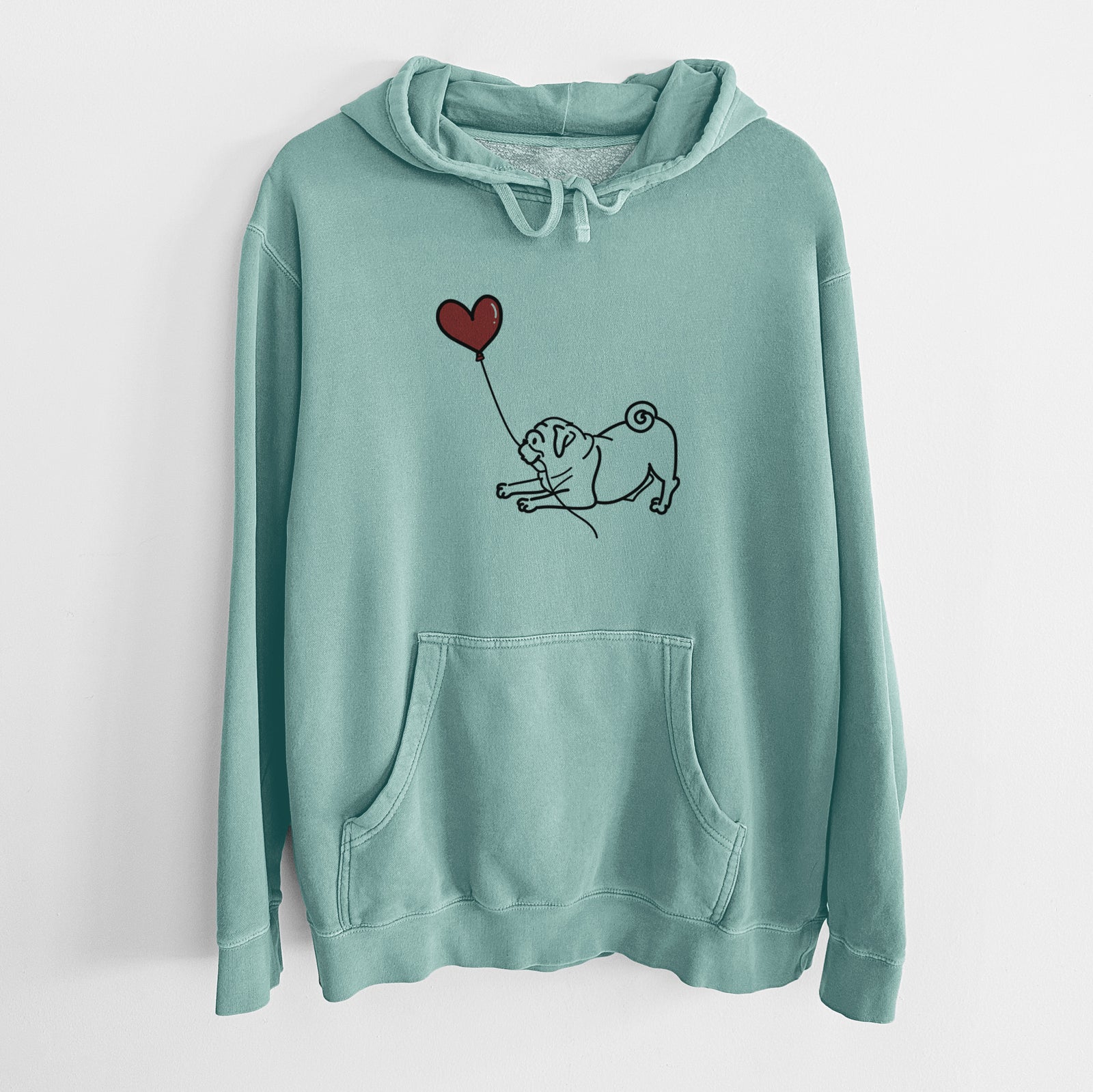 Minimalist line drawing of a Pug Heart String holding a heart balloon on a Mint Unisex pigment dyed hoodie