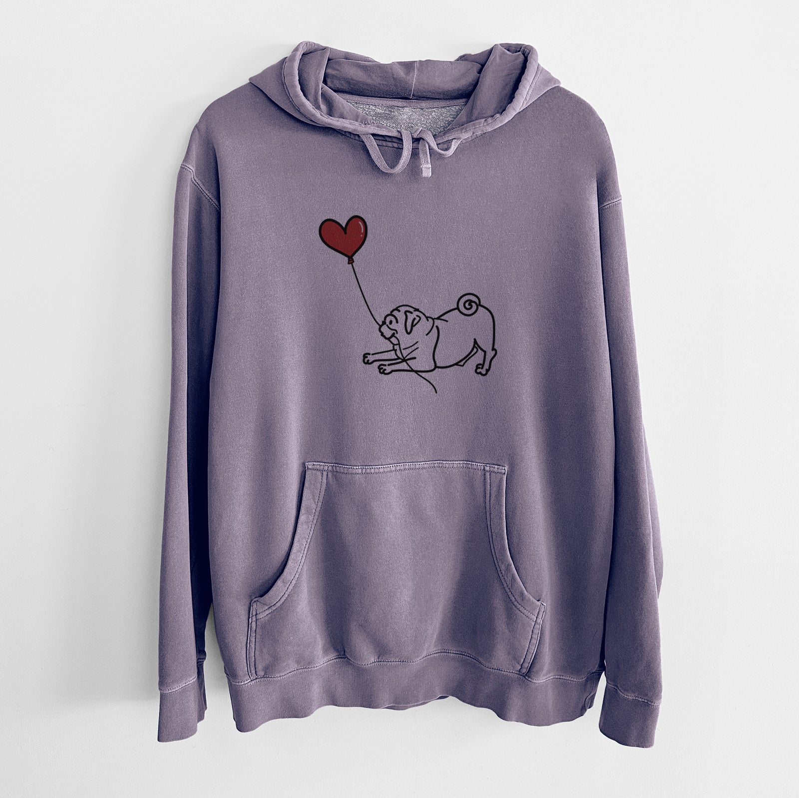 Minimalist line drawing of a Pug Heart String holding a heart balloon on a Plum Unisex pigment dyed hoodie