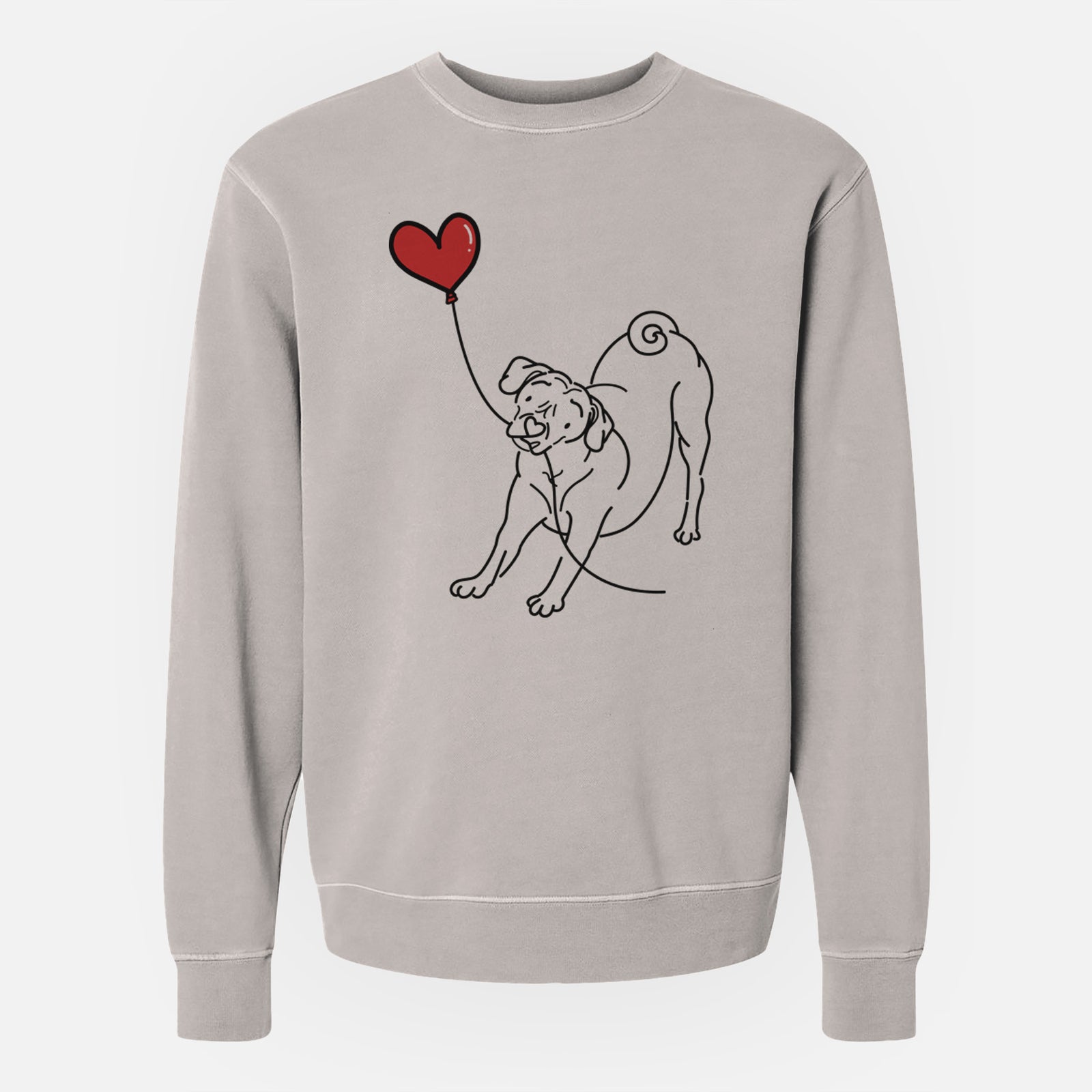 Minimalist line drawing of a Puggle Heart String holding a heart balloon on a Cement Unisex pigment dyed crew sweatshirt