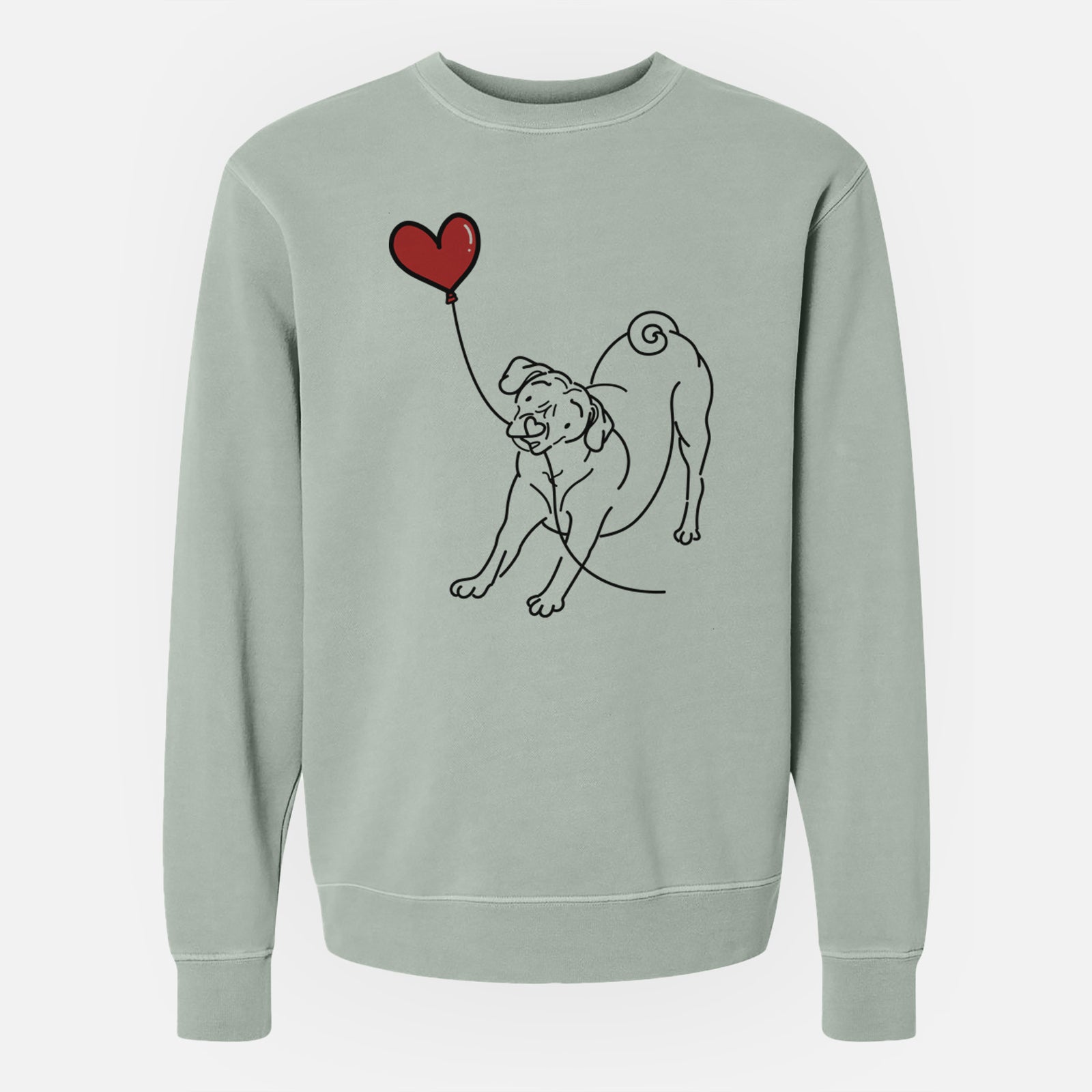 Minimalist line drawing of a Puggle Heart String holding a heart balloon on a Sage Unisex pigment dyed crew sweatshirt