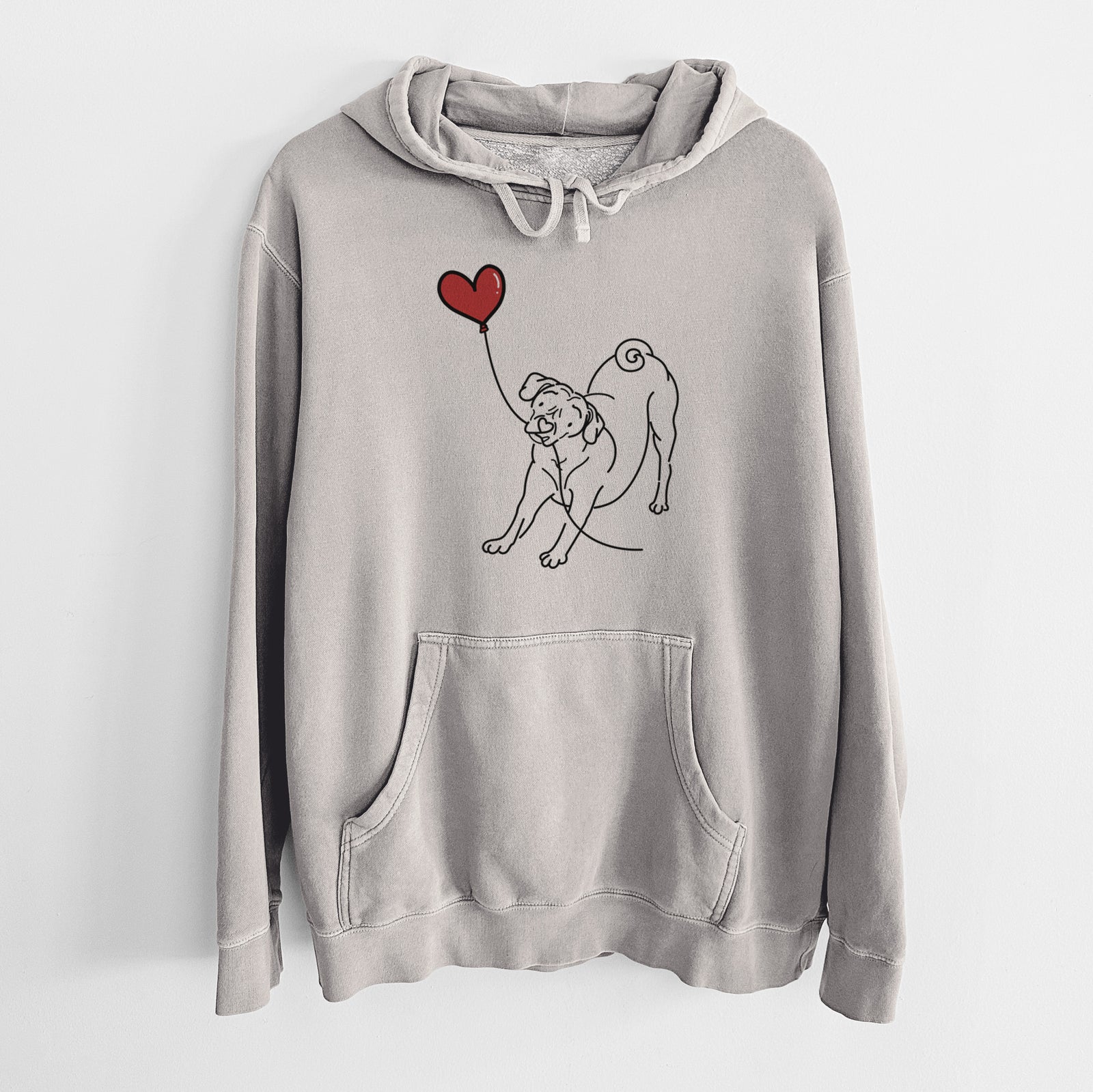 Minimalist line drawing of a Puggle Heart String holding a heart balloon on a Cement Unisex pigment dyed hoodie