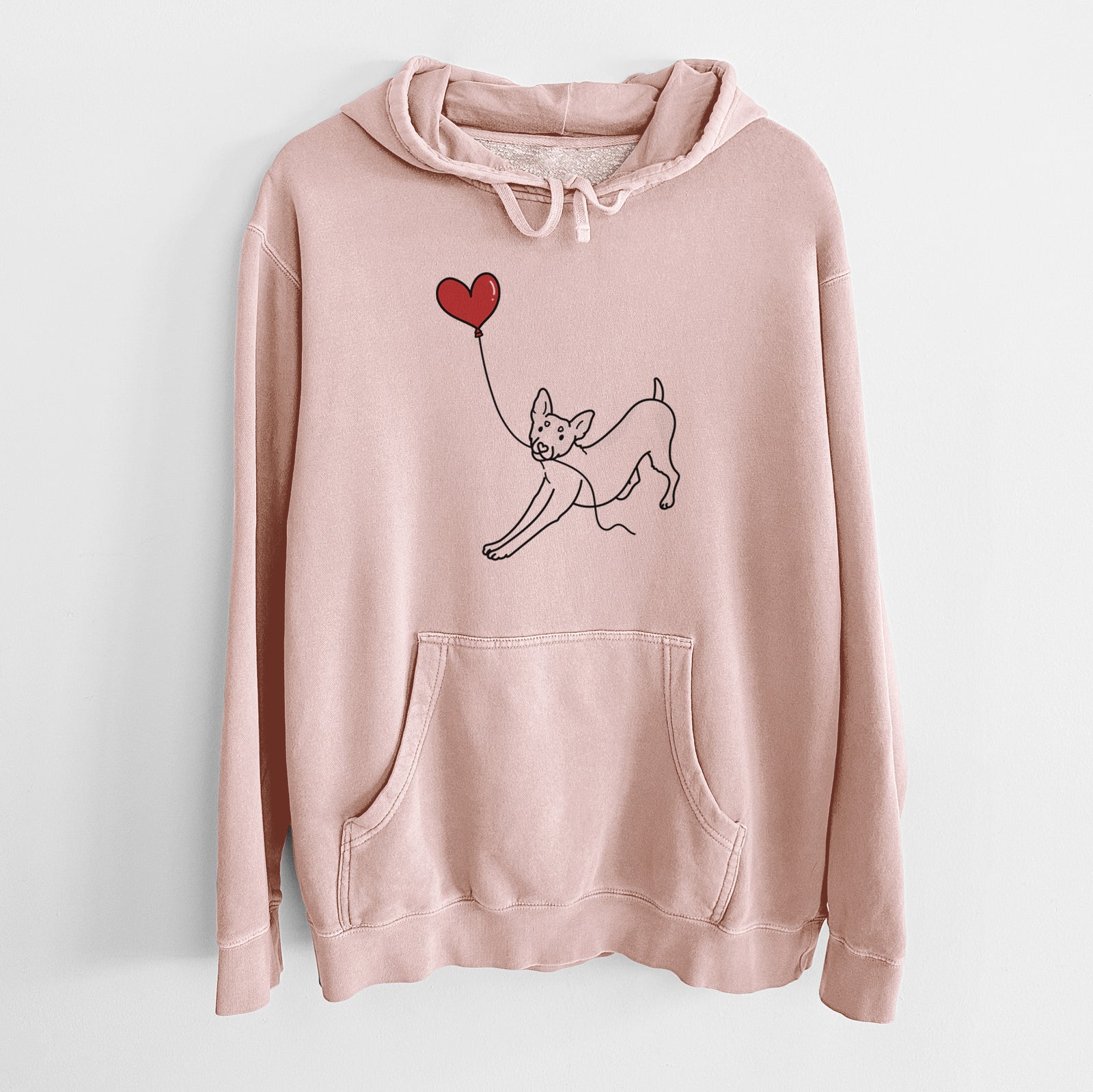 Minimalist line drawing of a Rat Terrier Heart String holding a heart balloon on a Dusty Pink Unisex pigment dyed hoodie