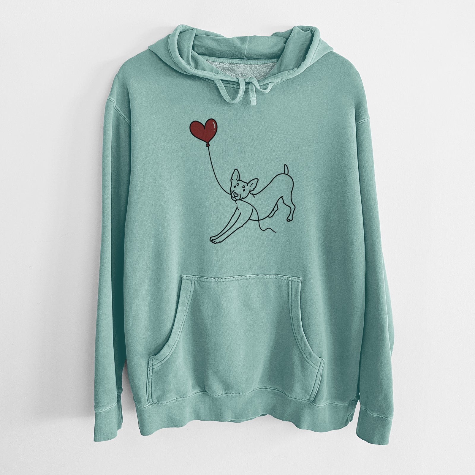 Minimalist line drawing of a Rat Terrier Heart String holding a heart balloon on a Mint Unisex pigment dyed hoodie