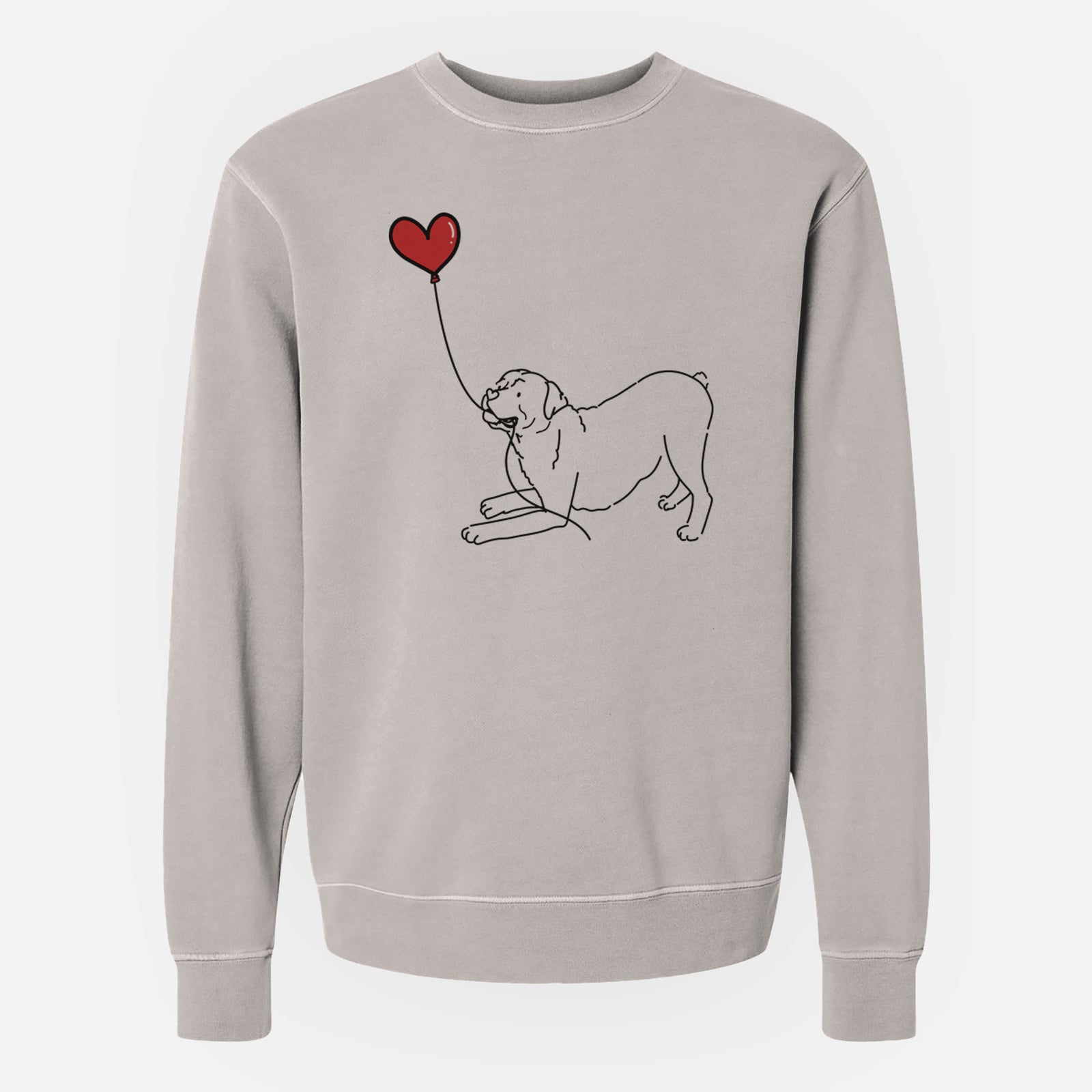 Minimalist line drawing of a Rottweiler Heart String holding a heart balloon on a Cement Unisex pigment dyed crew sweatshirt