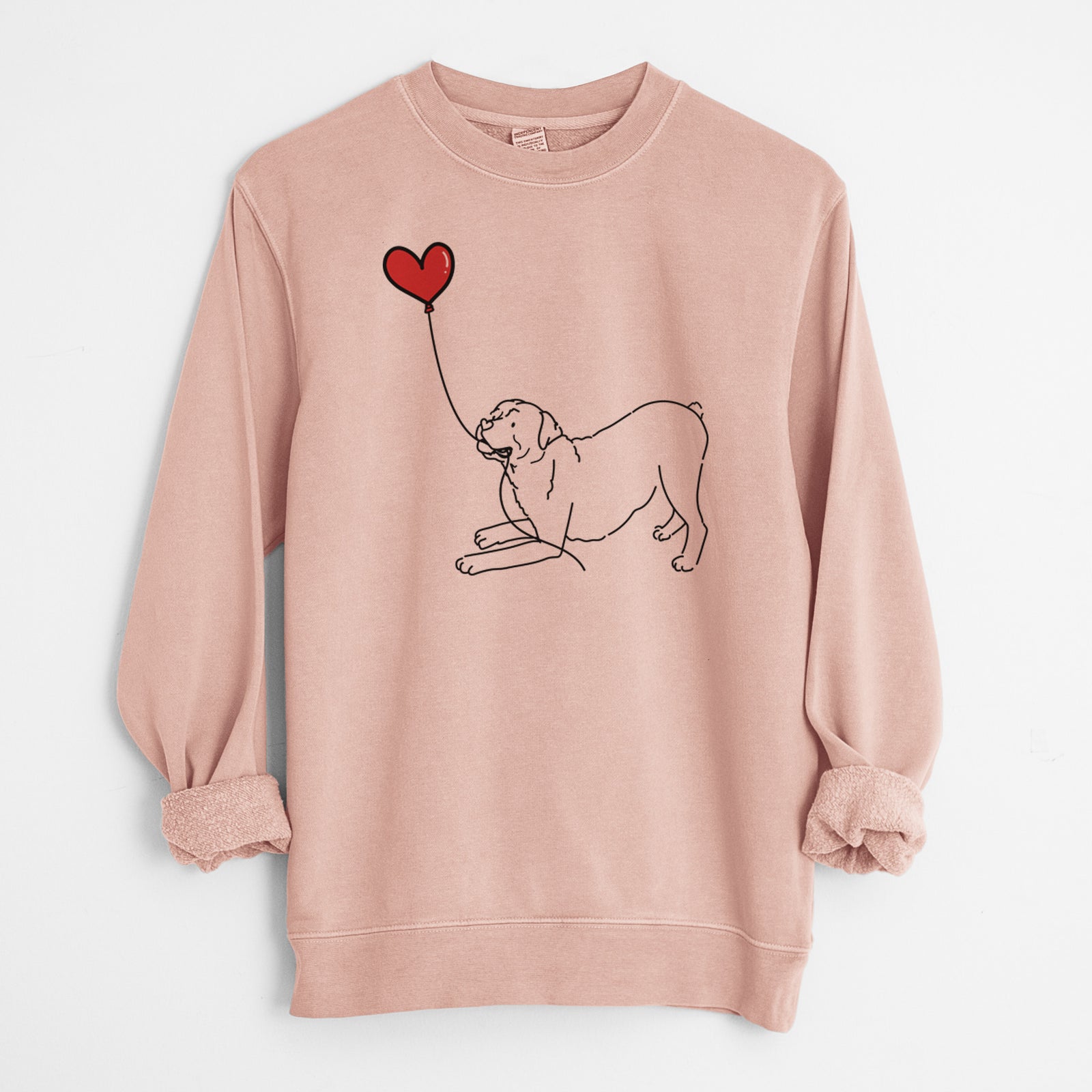 Minimalist line drawing of a Rottweiler Heart String holding a heart balloon on a Dusty Pink Unisex pigment dyed crew sweatshirt