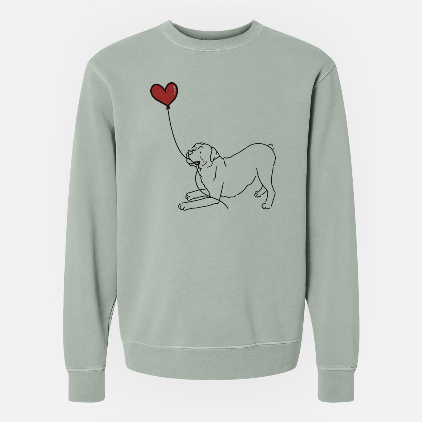 Minimalist line drawing of a Rottweiler Heart String holding a heart balloon on a Sage Unisex pigment dyed crew sweatshirt