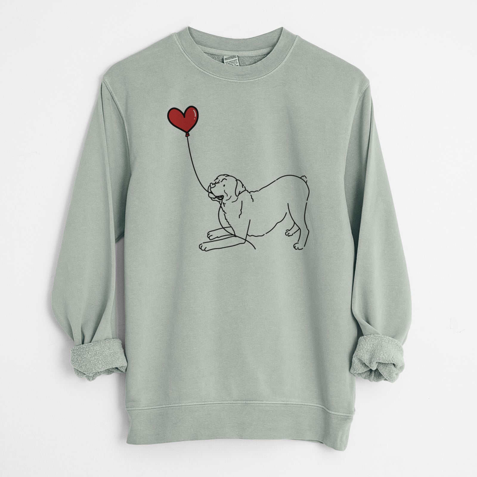 Minimalist line drawing of a Rottweiler Heart String holding a heart balloon on a Sage Unisex pigment dyed crew sweatshirt