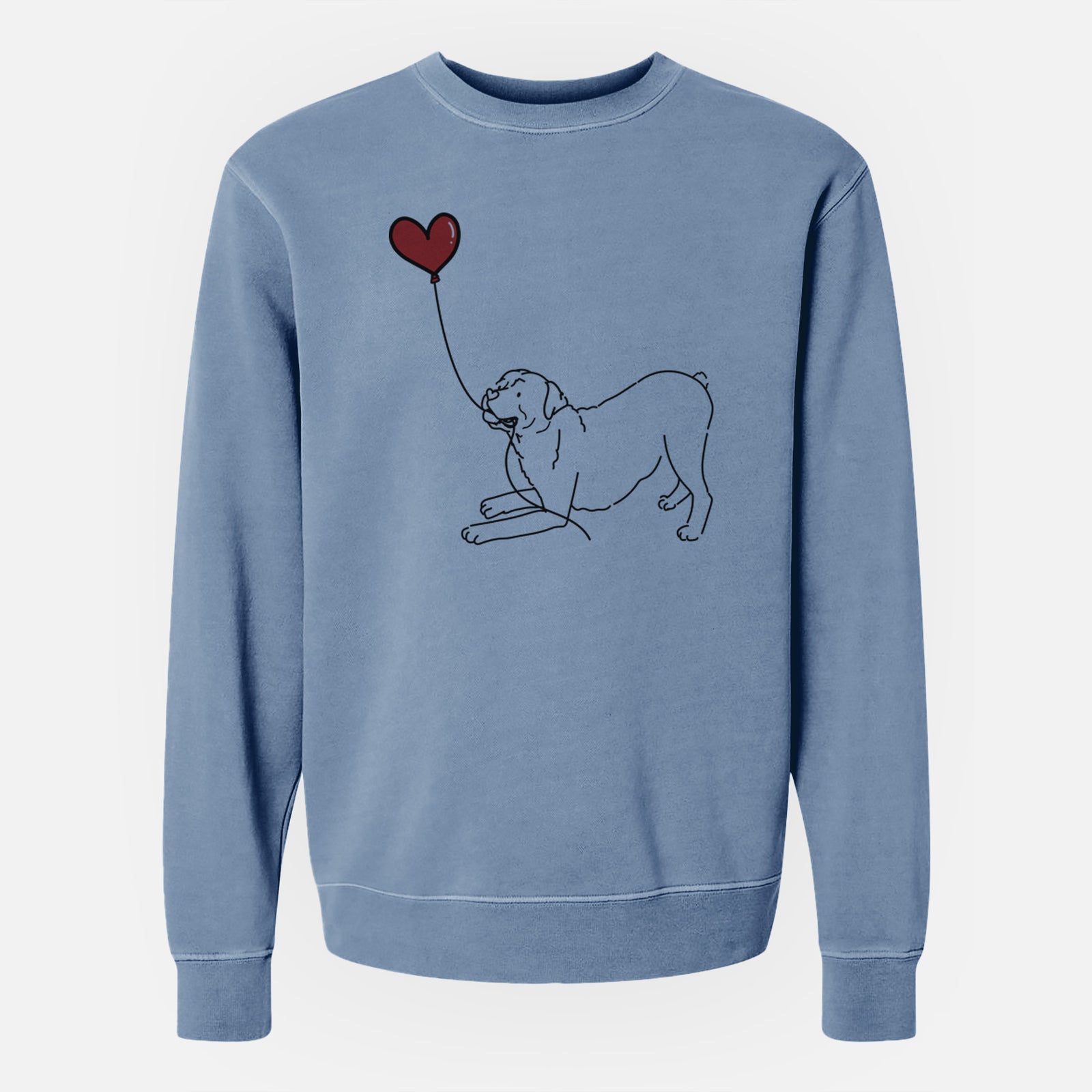 Minimalist line drawing of a Rottweiler Heart String holding a heart balloon on a Slate Blue Unisex pigment dyed crew sweatshirt