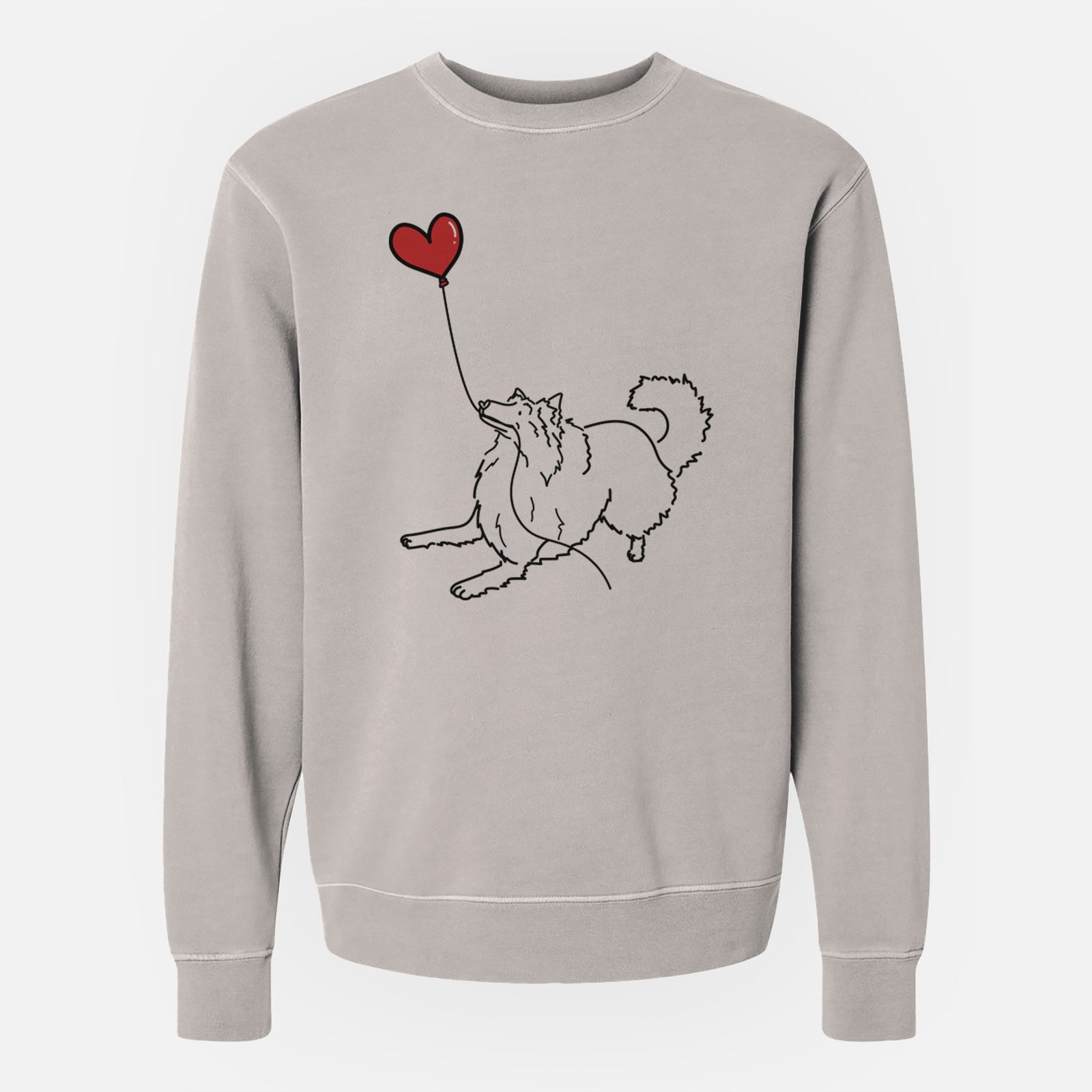 Minimalist line drawing of a Rough Collie Heart String holding a heart balloon on a Cement Unisex pigment dyed crew sweatshirt