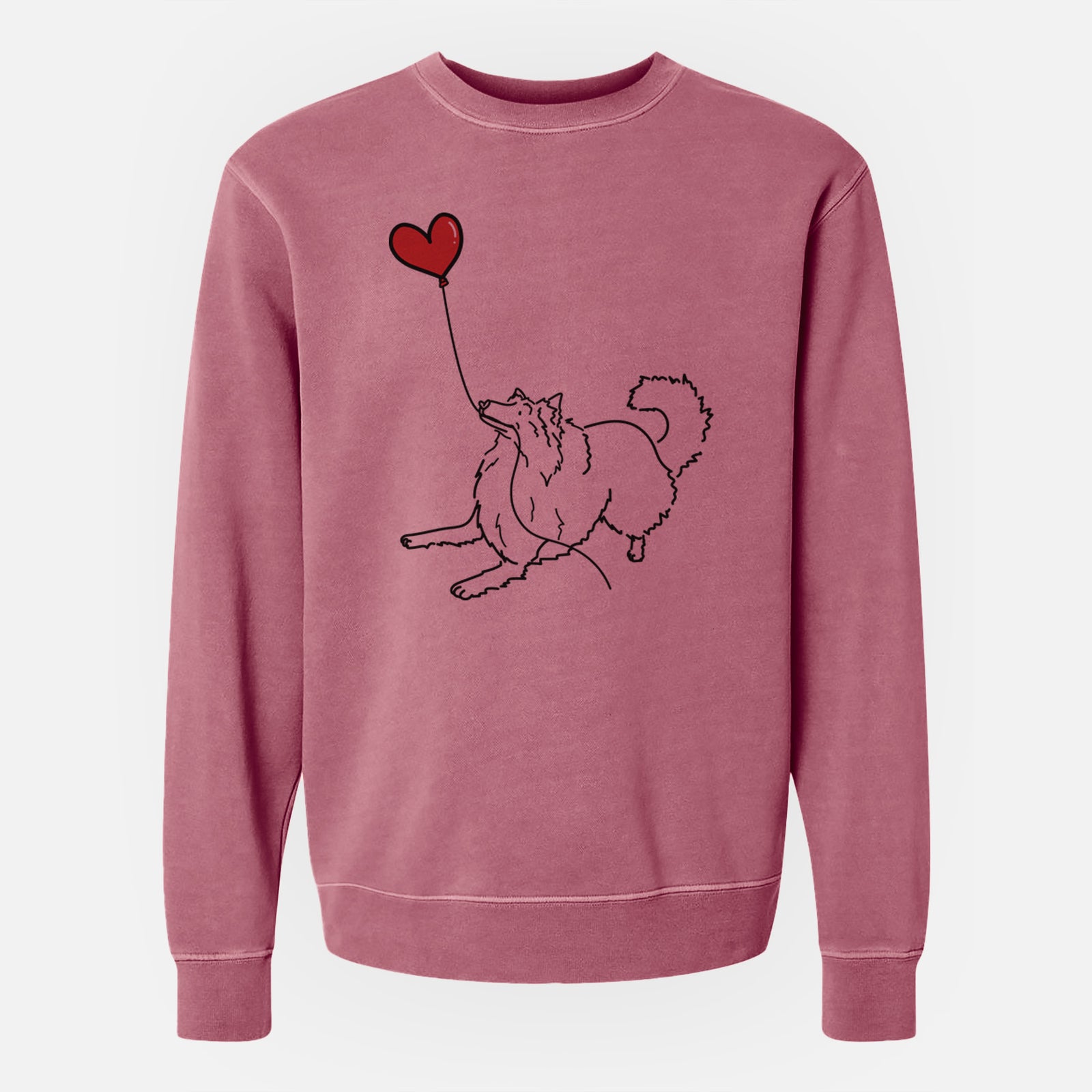 Minimalist line drawing of a Rough Collie Heart String holding a heart balloon on a Maroon Unisex pigment dyed crew sweatshirt