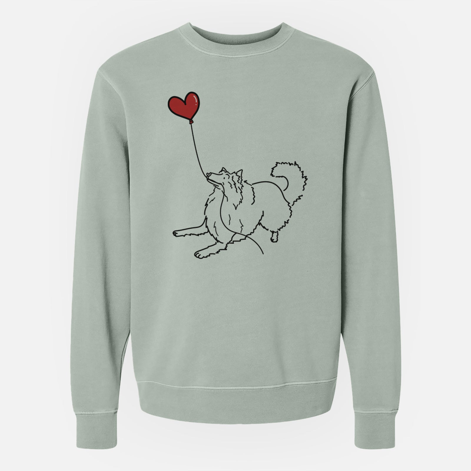 Minimalist line drawing of a Rough Collie Heart String holding a heart balloon on a Sage Unisex pigment dyed crew sweatshirt