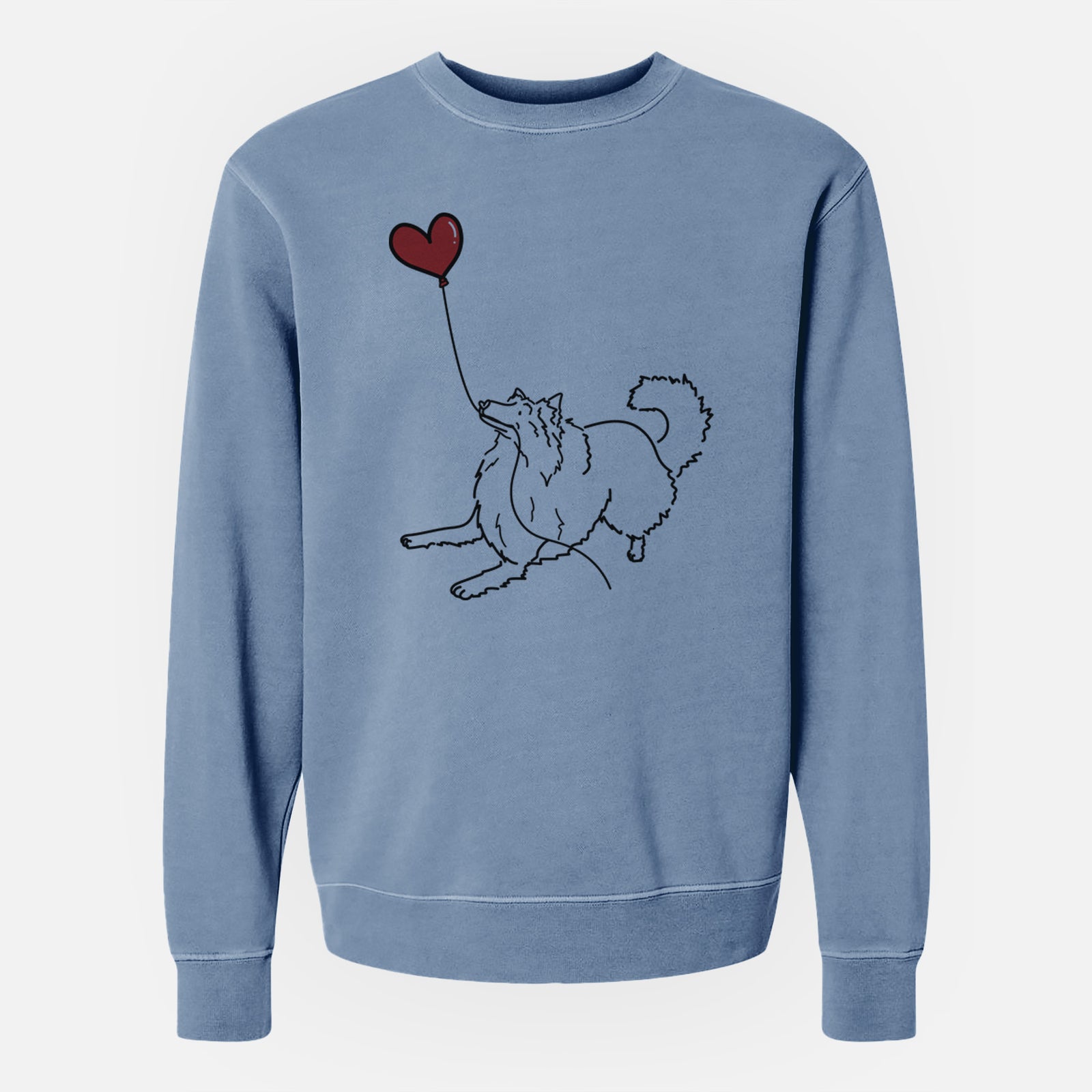 Minimalist line drawing of a Rough Collie Heart String holding a heart balloon on a Slate Blue Unisex pigment dyed crew sweatshirt