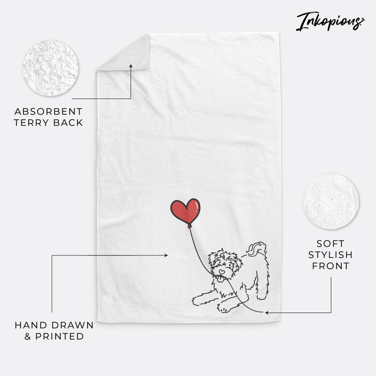 Minimalist line drawing of a Schnoodle Heart String holding a heart balloon on a hand towel
