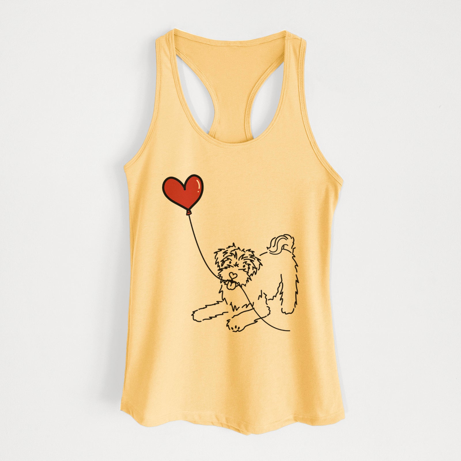 Minimalist line drawing of a Schnoodle Heart String holding a heart balloon on a Banana Cream Women's racerback tanktop