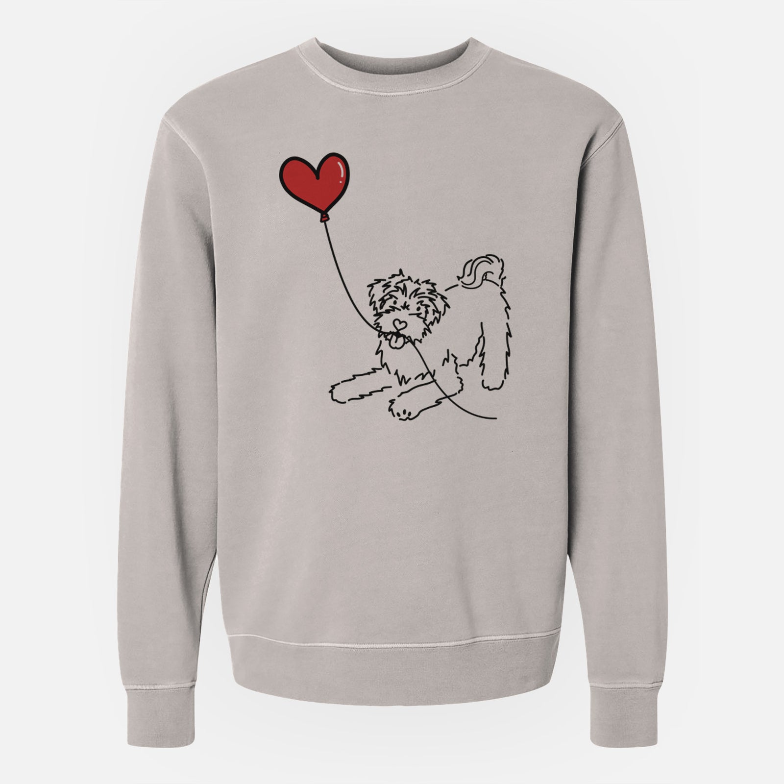 Minimalist line drawing of a Schnoodle Heart String holding a heart balloon on a Cement Unisex pigment dyed crew sweatshirt